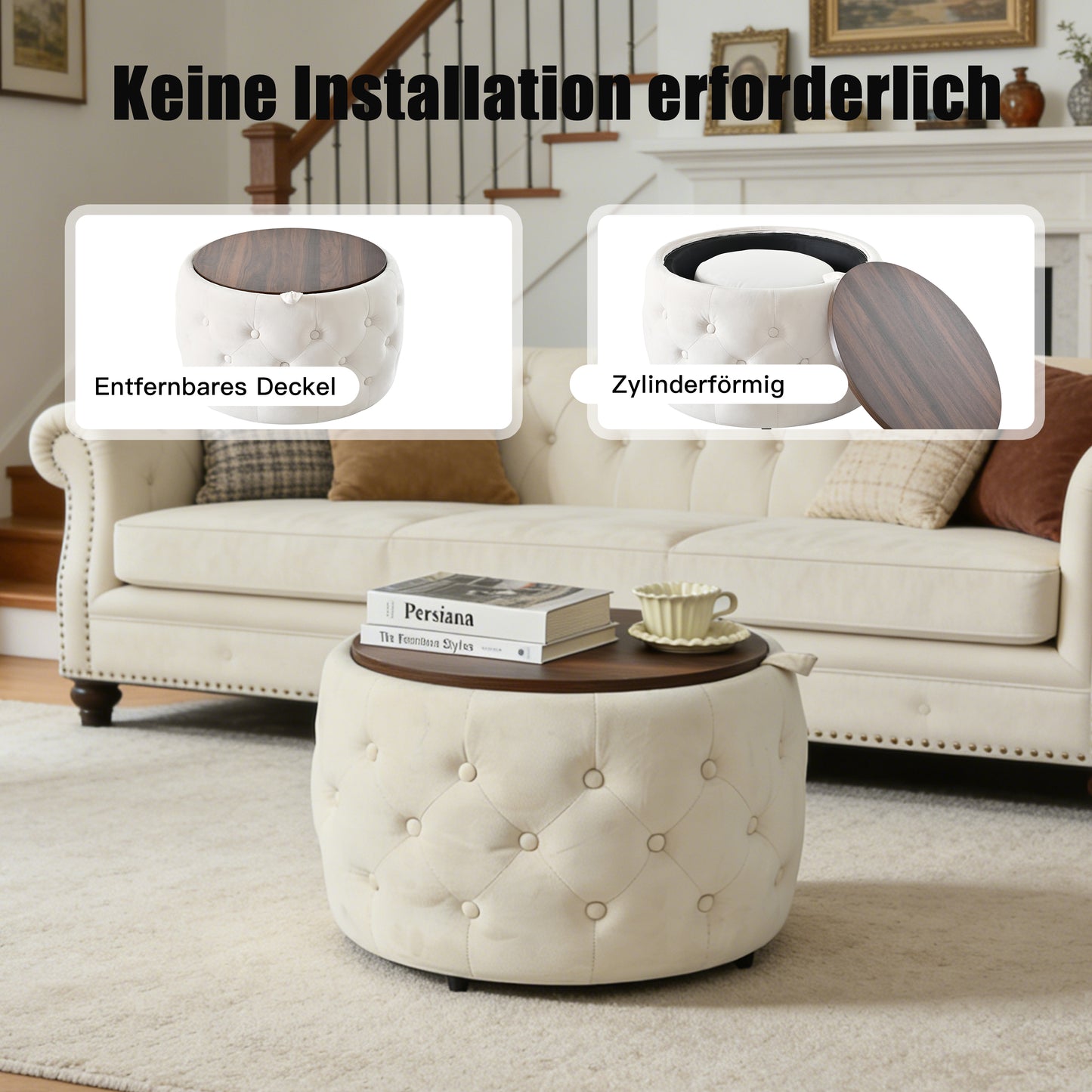 Luxury Set Of 2 Velvet Nesting Stool, 4-in-1 Function, Round Storage Footstool With Wooden Shelf, No Setup Required, Beige 58cm X 58cm X 38cm