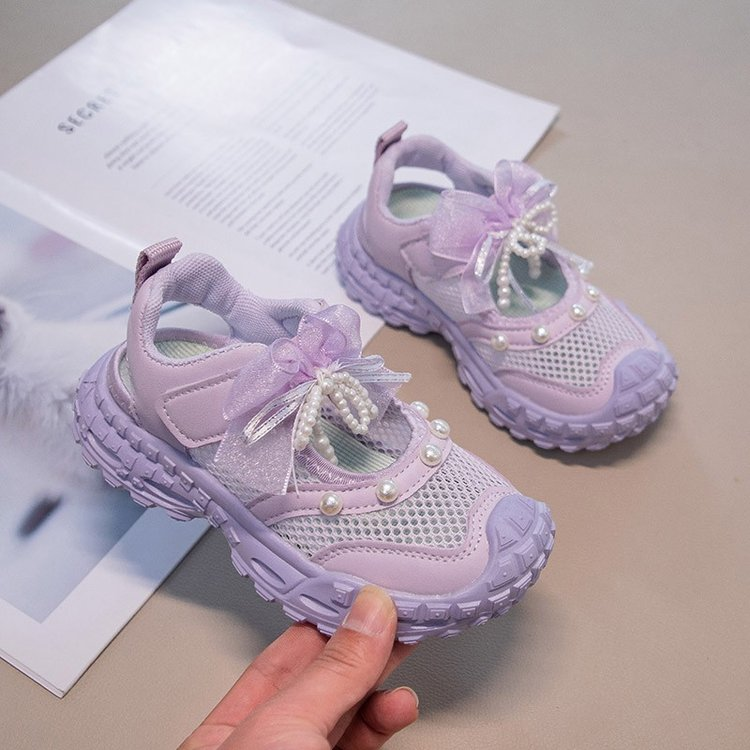 2026 New Summer Girls Hollow Single Mesh Sports Sandals, Fashion Versatile Dad Sneakers With Pearl Bow Decor Breathable Mesh Casual Shoes