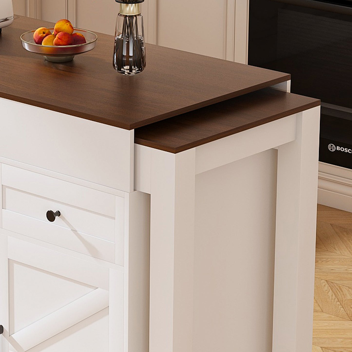74.8 Kitchen Island With Extendable Dining Table & Power Outlet - Rolling Storage Cart On Wheels With 3 Drawers & 2 Door Cabinet For Dining Room White