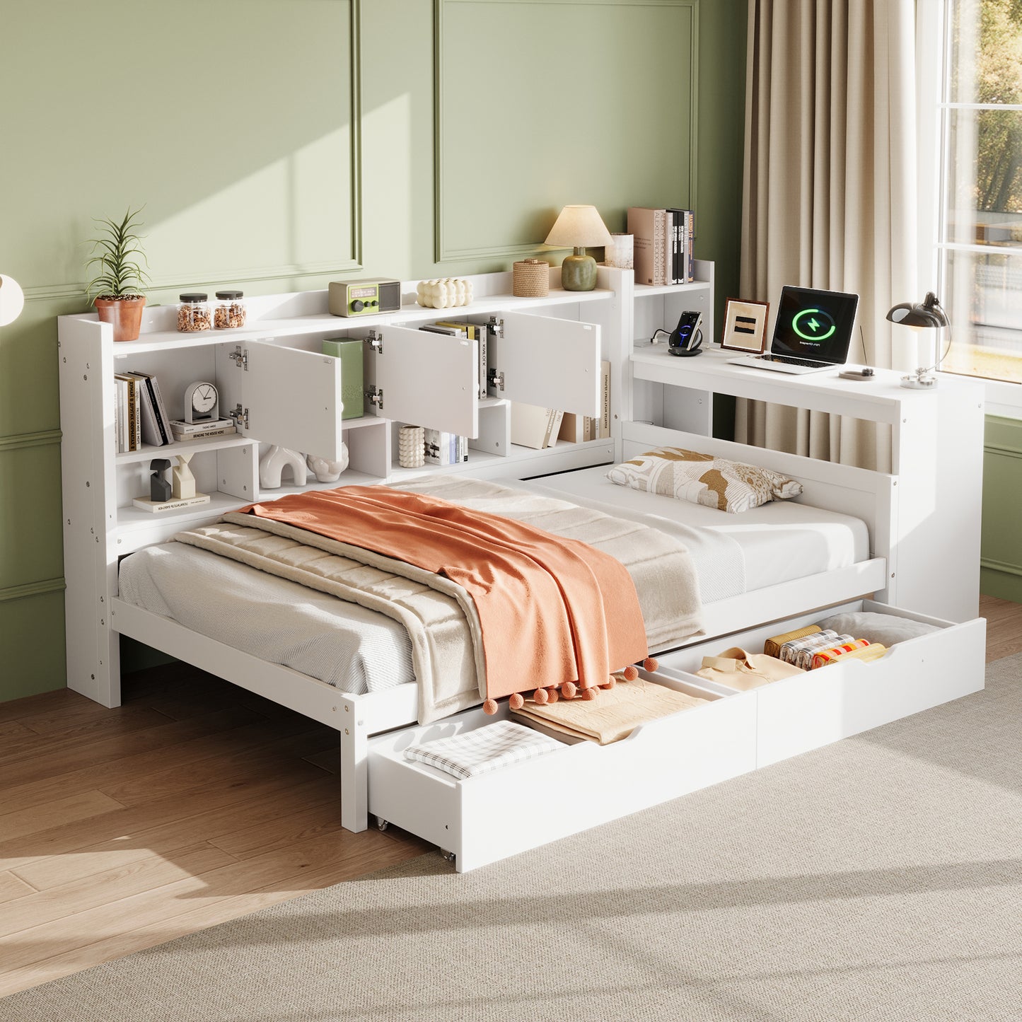 3ft Single Daybed With Storage Drawers And Bookcase, Modern Bed Frame With Charging Station And Integrated Desk, Wood Bed For Living Room Bedroom Study Room, Two Assembly Methods, White No Mattress