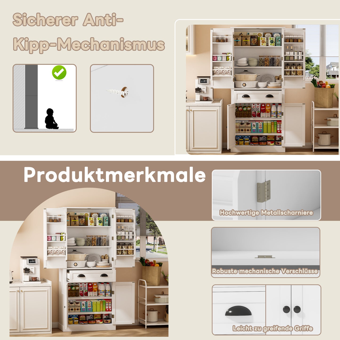 182 Cm Storage Cabinet, 4 Doors And 1 Drawer, 2 Doors With Shelves, 6 Storage Compartments And 4 Adjustable Shelves, Suitable For Kitchen, Dining Room And Living Room, White