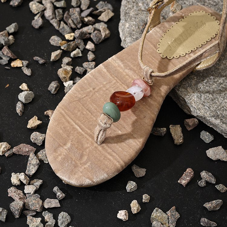 Retro Woven Bead Clip Toe Herringbone Sandals For Women's Summer New Fashion Beach Shoes Agate Slippers