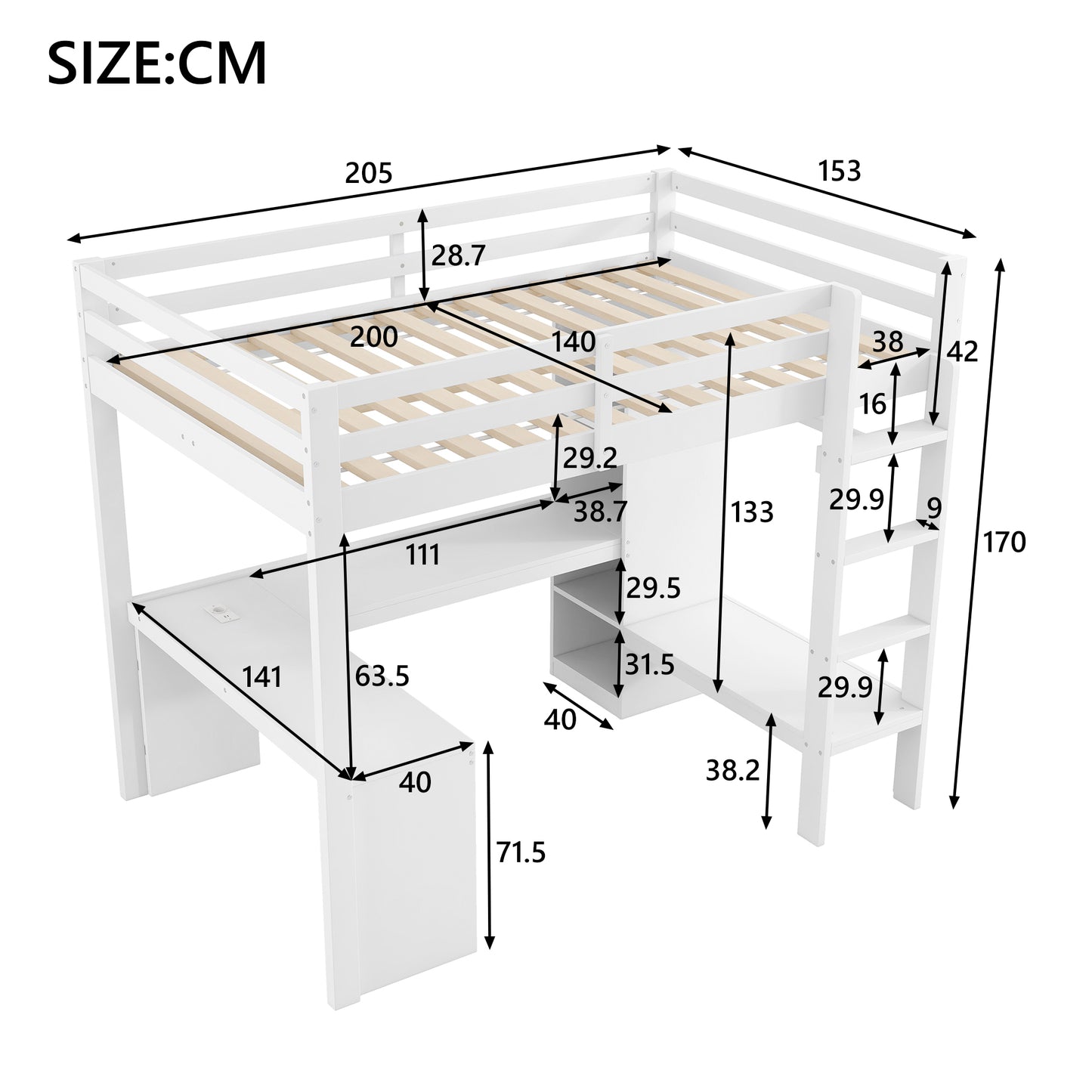 Loft Bed 140x200 With Multifunctional Shelves, Underbed Desk, LED Light And USB, White