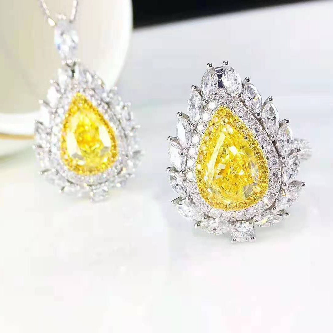 New Luxury Pear-Shaped Yellow Pendant, Micro-Encrusted Rose-Pink Crystal Earrings, Open Ring, Colored Gemstone Necklace
