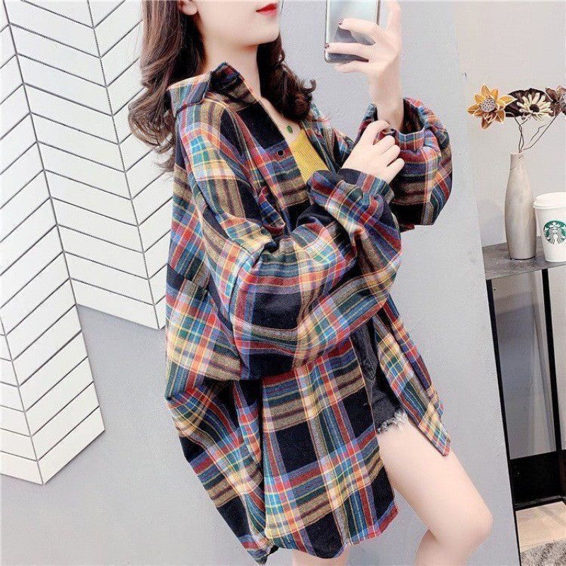 Loose-fitting Korean-style Plaid Shirt For Women