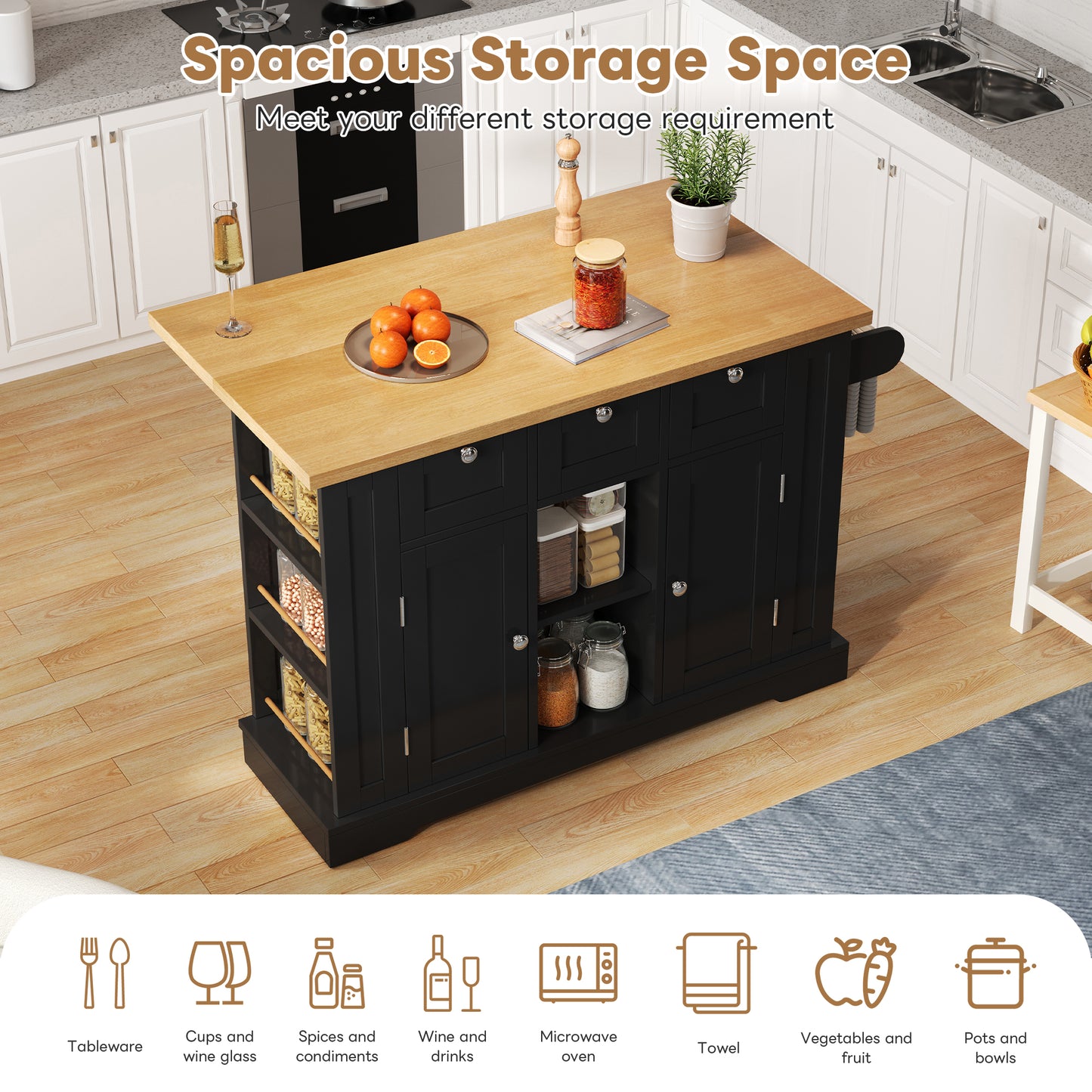 132cm Kitchen Island On Wheels, Dropleaf Trolley, Farmhouse Style, Foldable Countertop, Drawer, Spice Rack, Towel Holder, 5 Wheels, Integrated Socket, Charging Station, Kitchen Dining Livingroom