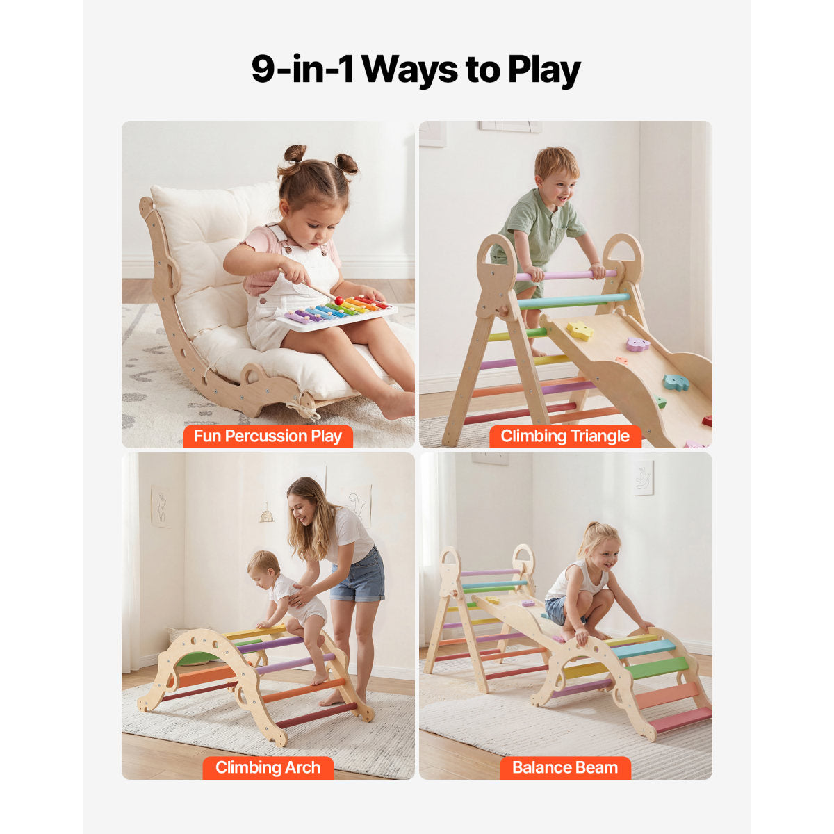 Pikler Triangle Set, 9-in-1 Toddler Climbing Toys Indoor, With Xylophone, Cushion, Triangle, Arch, And Ramp, 150 Lbs Load, Foldable Montessori Climbing Set For Toddlers And Kids, Rainbow