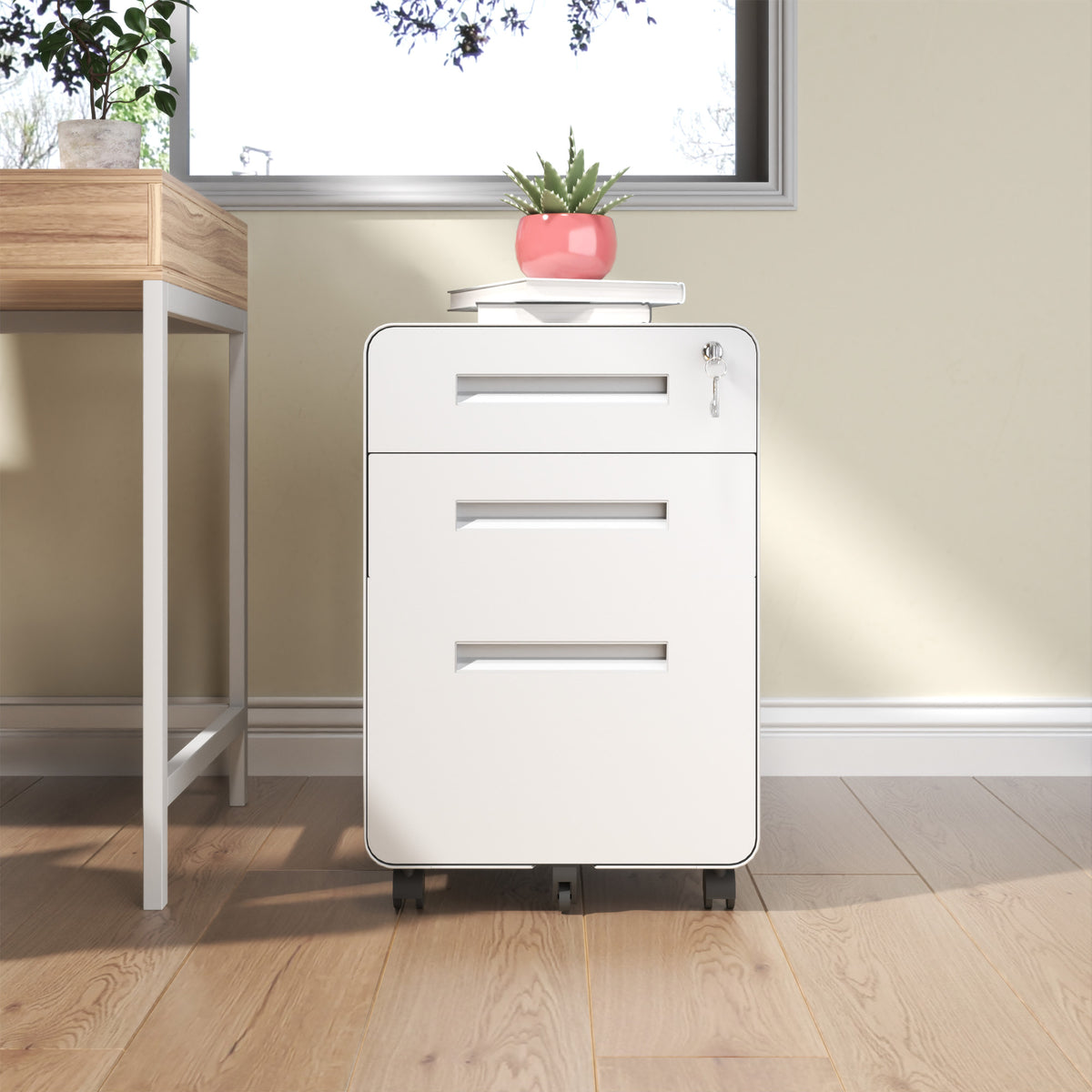 3-Drawer Wide Mobile File Cabinet With Lock, All-Steel Metal Storage Cabinet On Casters, For Home & Office,White, Fully Assembled, Holds A4 Letter Files, 110lbs Drawer
