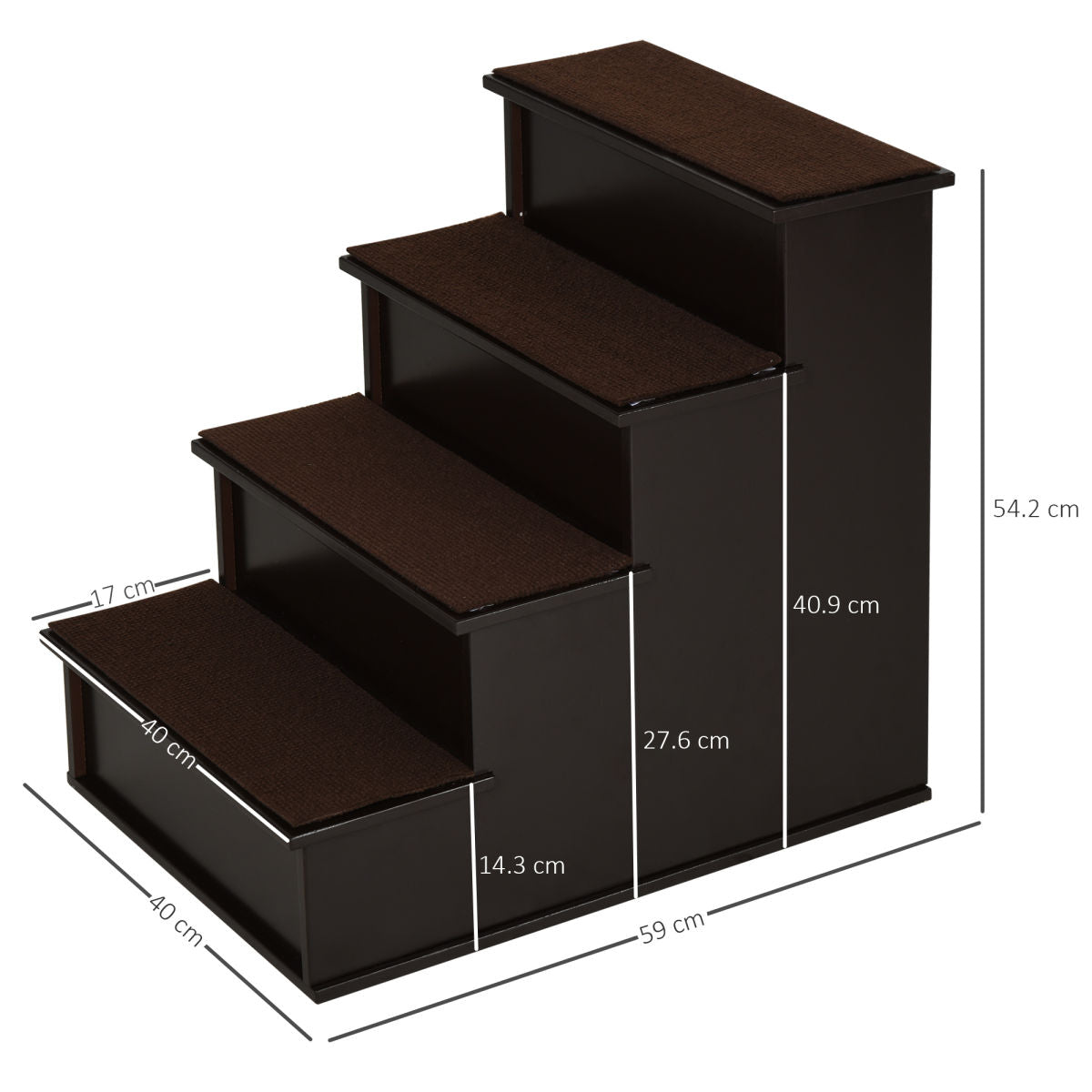 PawHut 4 Step Wooden Dog Steps Pet Stairs For Dogs, Cat Ladder For Bed Couch With Non-Slip Carpet 40 X 59 X 54.2 Cm, Dark Brown