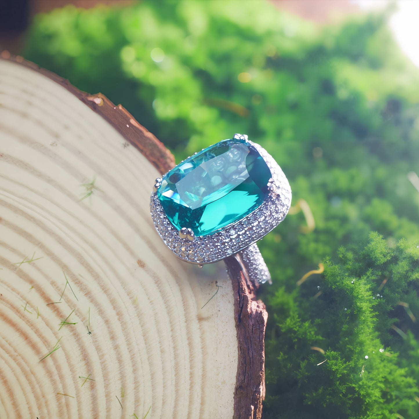 Rectangular Emerald Green CZ Double Halo Open Adjustable Statement Ring For Women, Copper Silver Plated Full Pave White Crystal Vintage Wedding Banquet Jewelry Gift