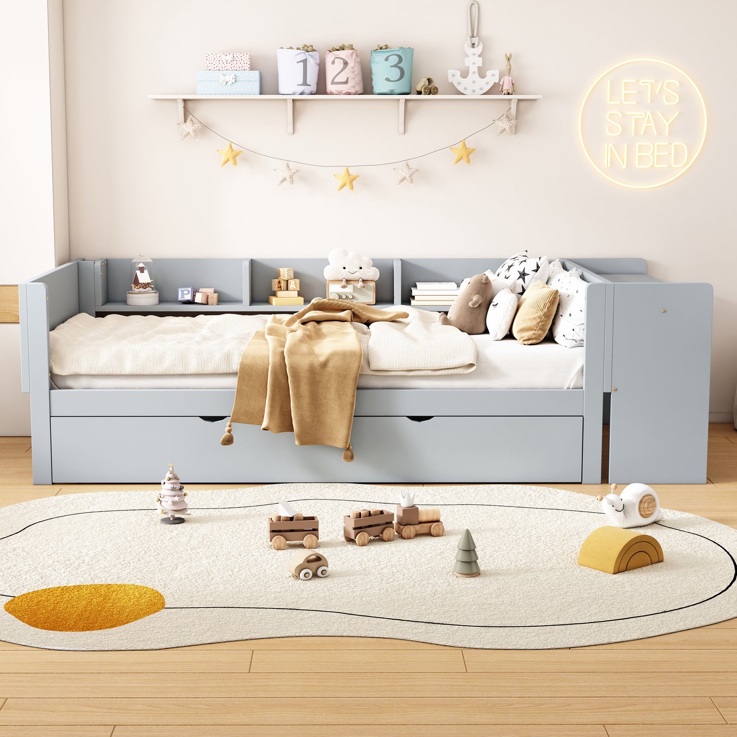 90x200cm, Flat Bed, With Pull-out Bed, With Desk, Three Shelves On The Side Of The Bed, Grey