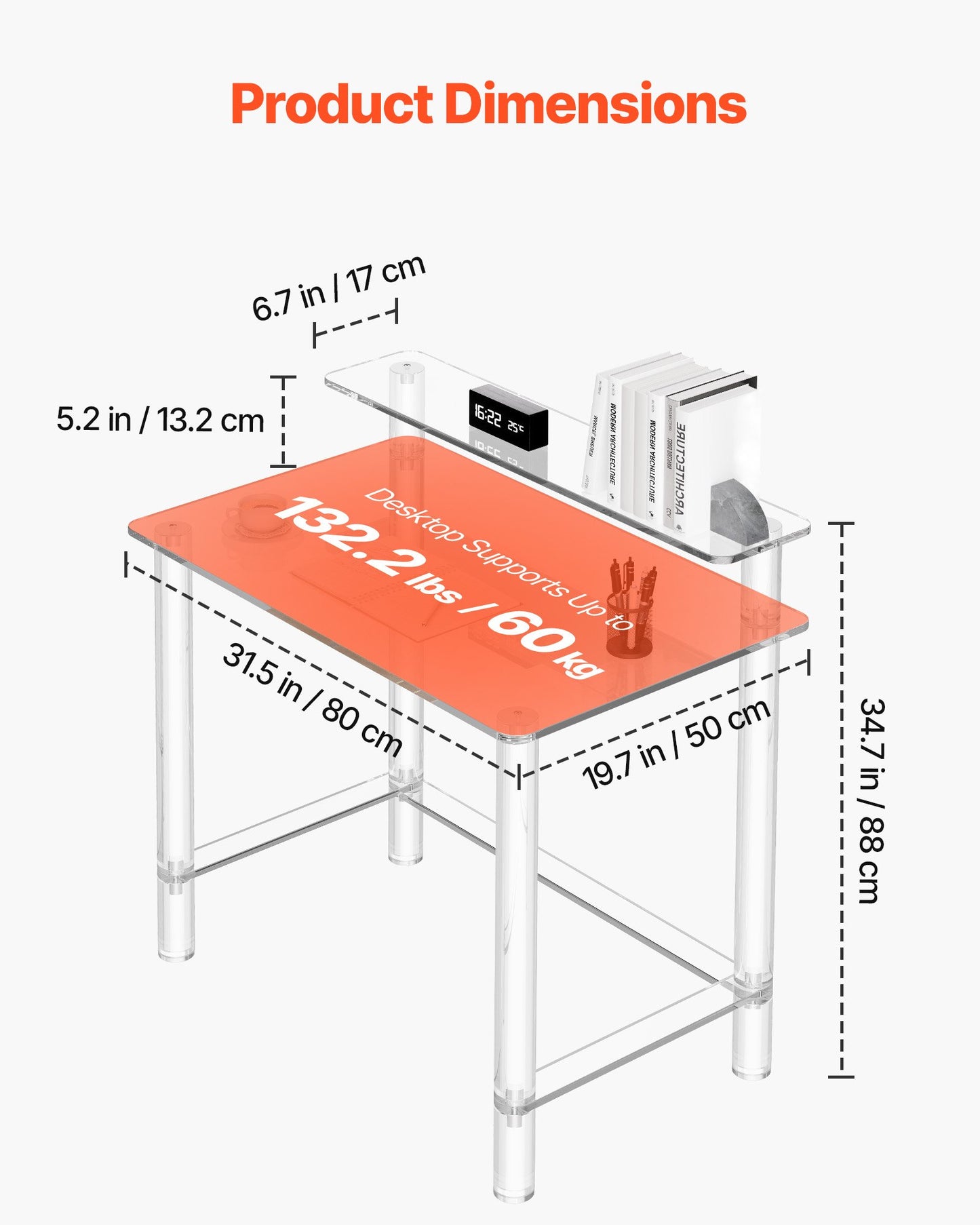 Acrylic Table, 2 Tiers Clear Office Desk With Monitor Stand, Acrylic Study Computer Desk, Modern Side End Table Nightstand For Bedroom, Office, Study, Cloakroom, 19.7 X 31.5 X 34.7 In (Clear)