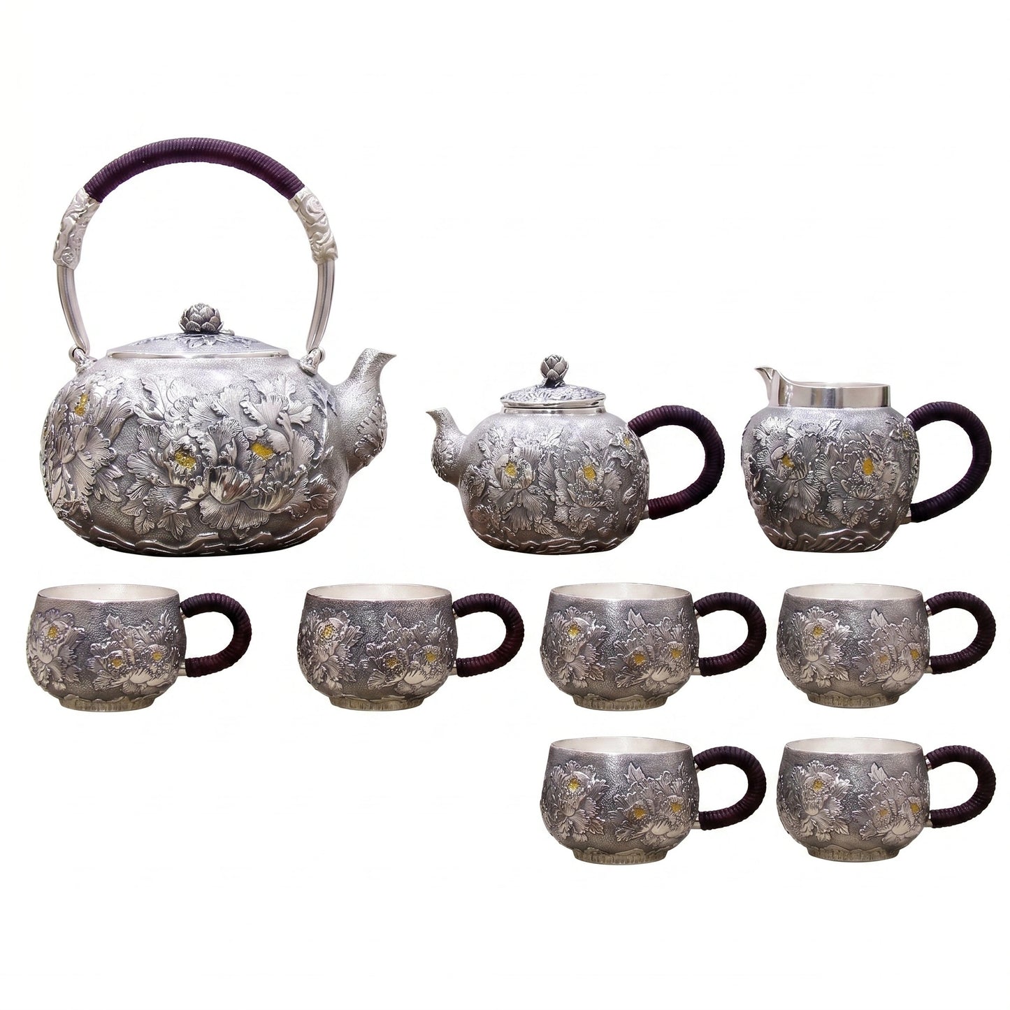 925 Sterling Silver Exquisite Handcrafted Silver Floral Tea Set with Dark Wrapped Handles on Wooden Stand - Handicraft