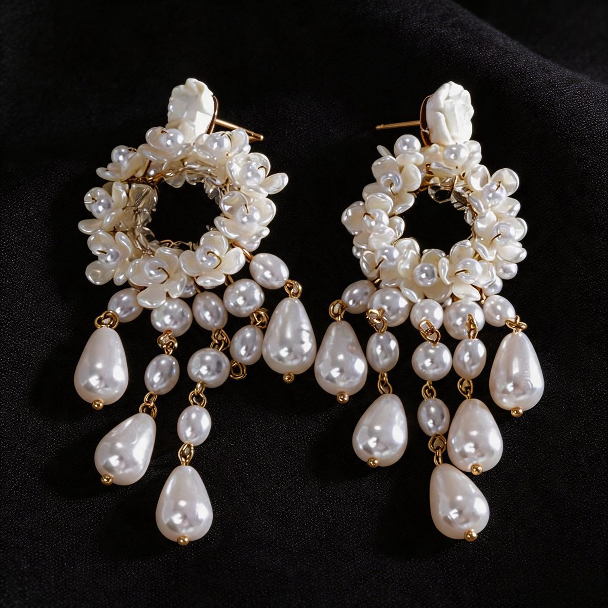 French Vintage Pearl Rose Tassel Dangle Earrings For Women, Light Luxury High-End Niche Unique Design Fashion Stud Ear Jewelry