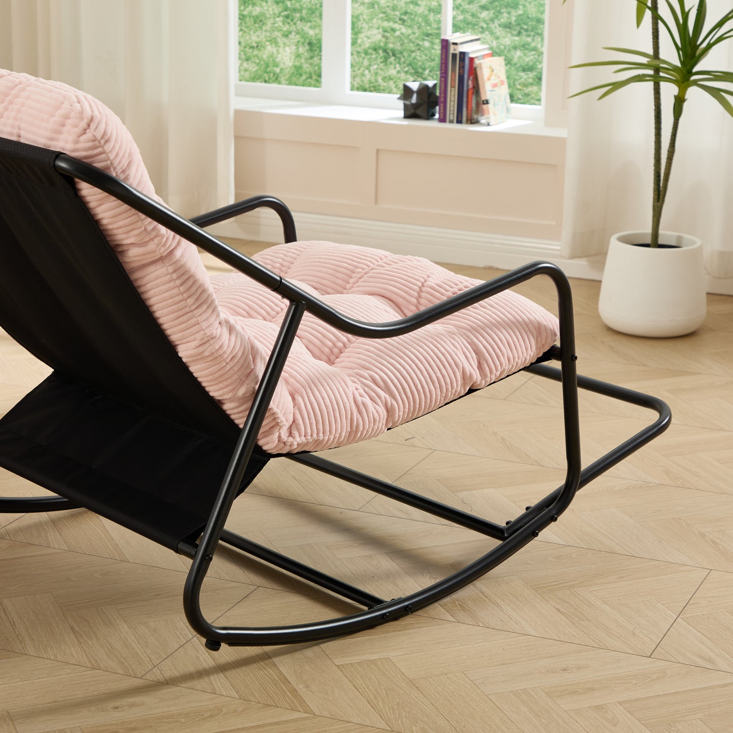 Outdoor Rocking Chair, Comfy Cushion, With Soft Thick Cushion,for Living Room, Bedroom, Reading Room, Black Frame With Cushion