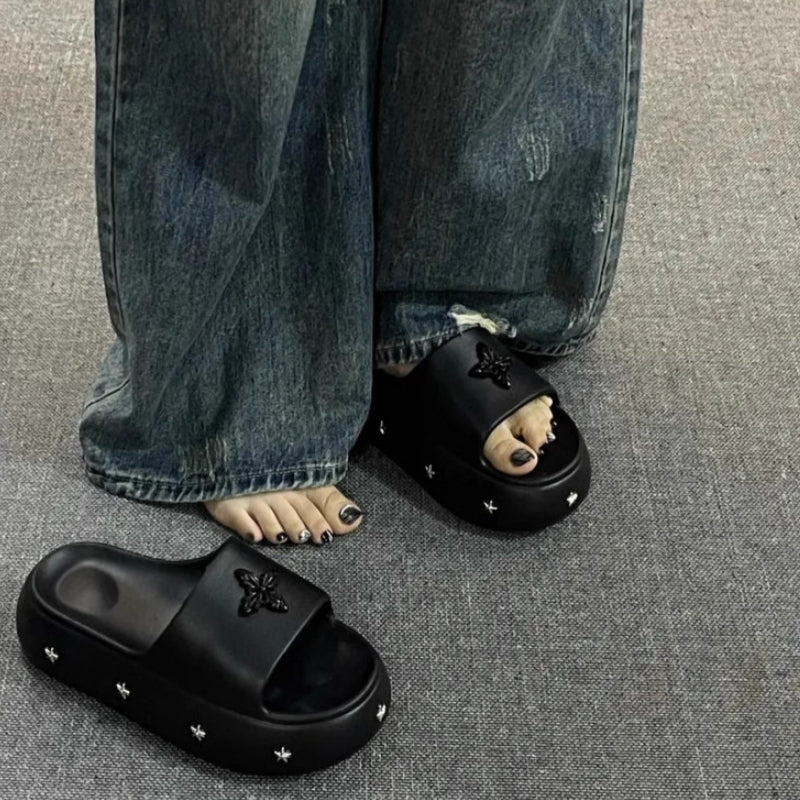 Women Platform Slippers, Summer Outdoor Wear, Luxury Texture, Non-slip Soft Cloud Cushion Insole, Punk Style Fashion Slides For Indoor & Outdoor
