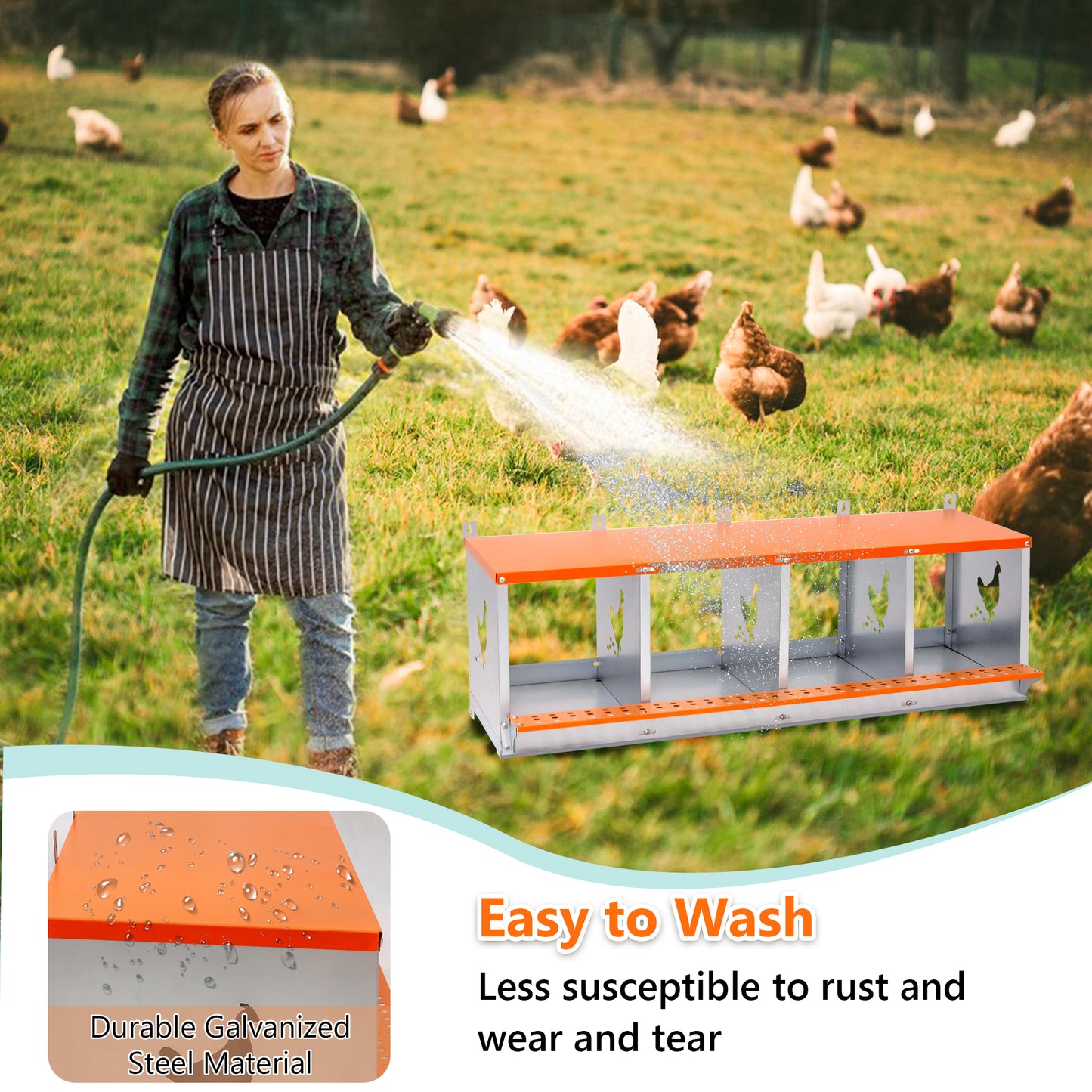 4-Bay Metal Nest Box-Wall Mount For Hens Ducks, Easy Egg Assembly, Vented Galvanized Steel Coop Equipment Orange