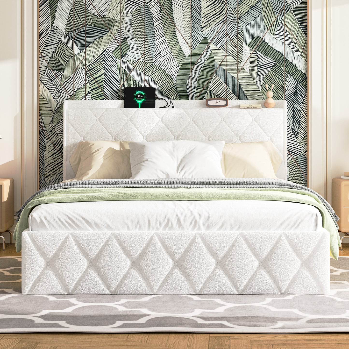 160 X 200 Cm Upholstered Bed, White Plush, Double Bed With USB Charging Function, LED Light Strips On Both Sides, Equipped With 6 Practical Drawers