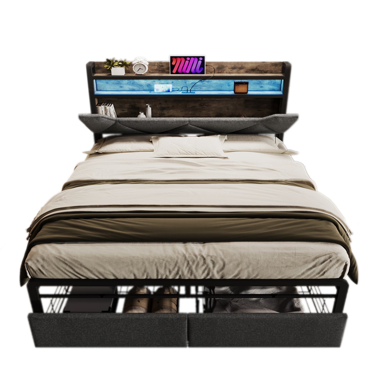 Sofa Bed With USB Type C Charging Function, Storage Head Part And LED Lighting And Drawer, Double Bed 140x200 Storage Bed Frame With Metal Frame, Grey Without Mattress