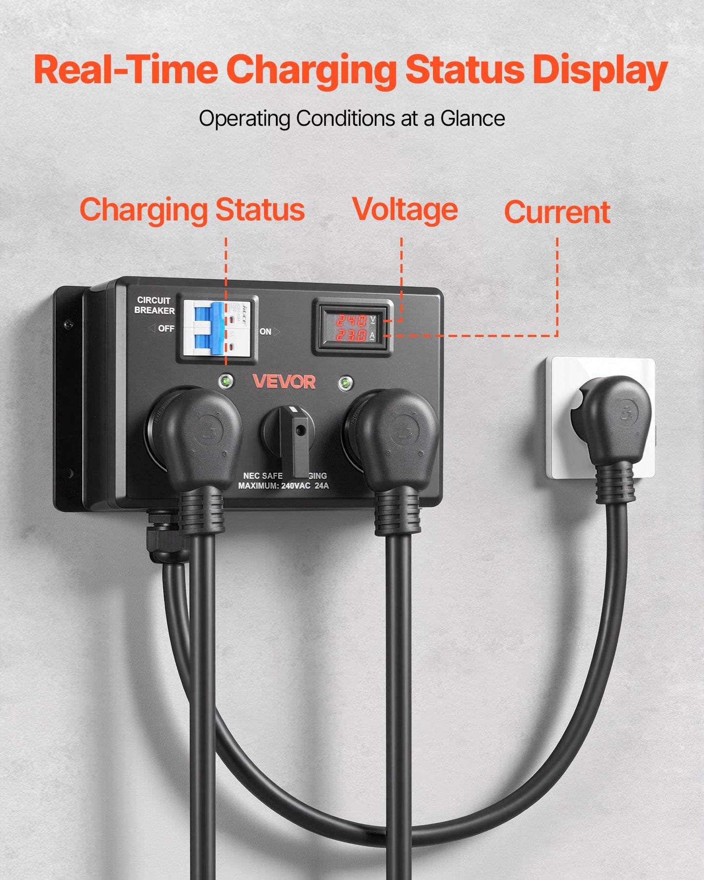 Manual EV Charging Switch, NEMA 10-30, Splitter Switch For Dryer & EV, 24A Max 240V Manual Power Distribution With Circuit Breaker, Real-Time Display, Hand-Operated Selector, Plug And Play, ETL