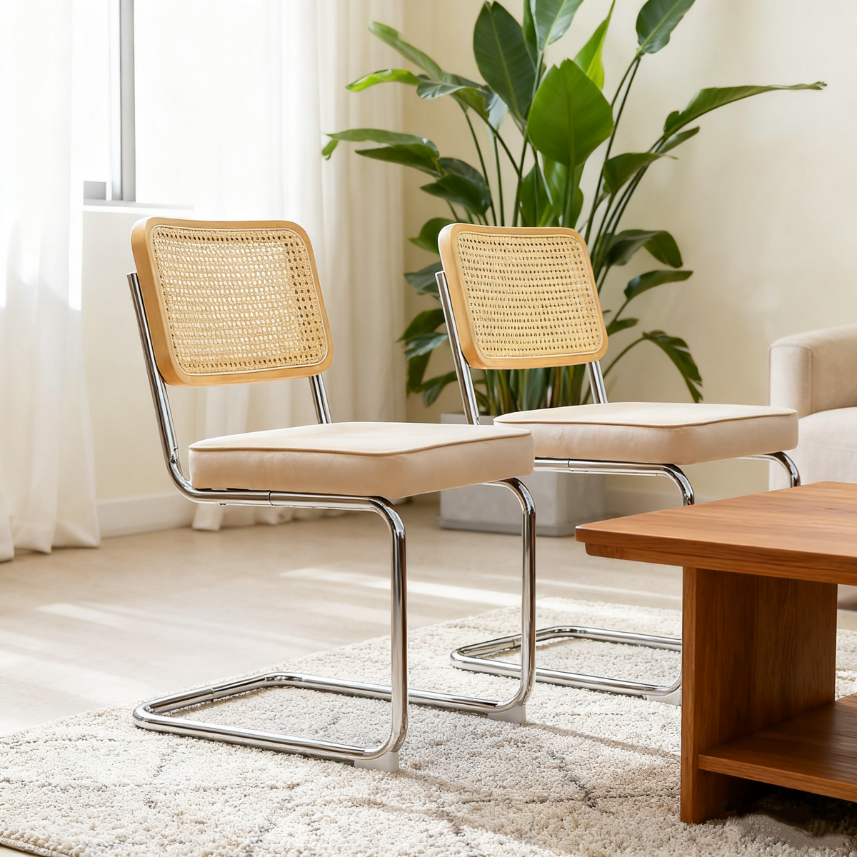 Dining Chairs Set Of 4, Velvet Rattan Side Accent Chairs With Chrome Legs, Modern Mid Century Breuer Designed Chairs, Upholstered Dining Living Room Kitchen Chairs