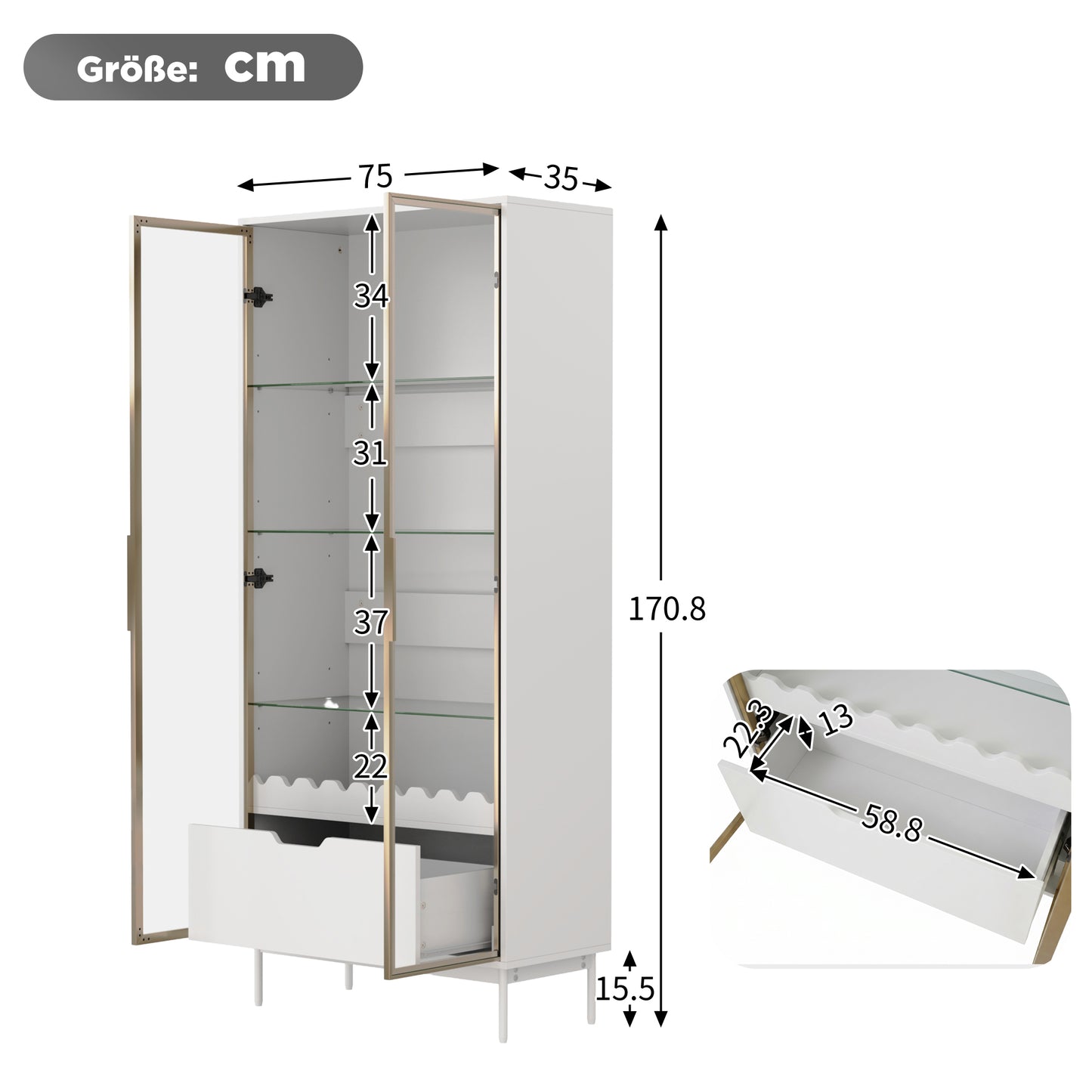 Tall Cabinet With Glass Door, Height-adjustable Glass Shelves, With Drawer, Wave Decor, Metal Feet Suitable For Living Room, Bedroom And Hallway