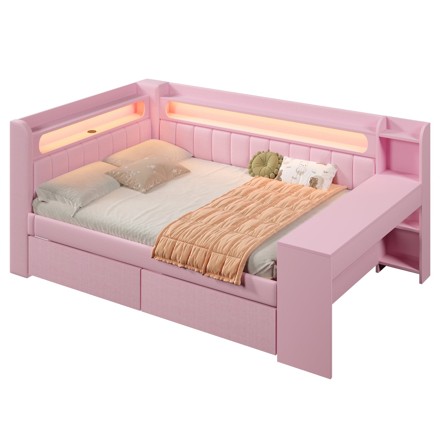 140x200 Padded Daybed With USB Ports And LED Belt, With Desk And 2 Drawers, Pink