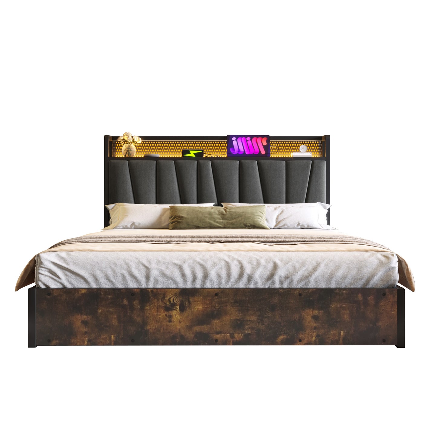 Upholstered Bed Metal Bed LED App-Control Double Bed With Charging USB Charging Headboard And LED Lighting, Metal Bed 160x200cm Wooden Slatted Frame, Grey Without Mattress
