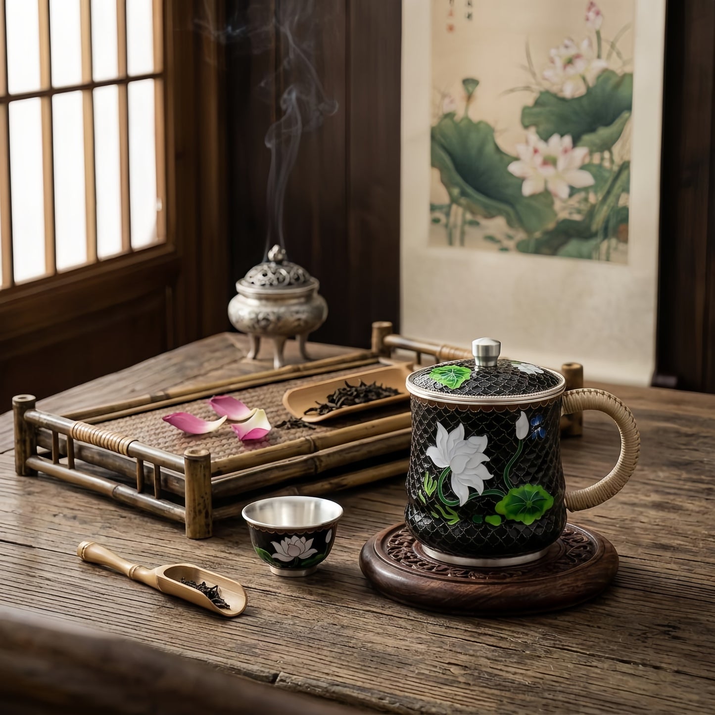 925 Sterling Silver Handcrafted Cloisonne Enamel Tea Mug with White Lotus Design and Woven Handle - Handicraft
