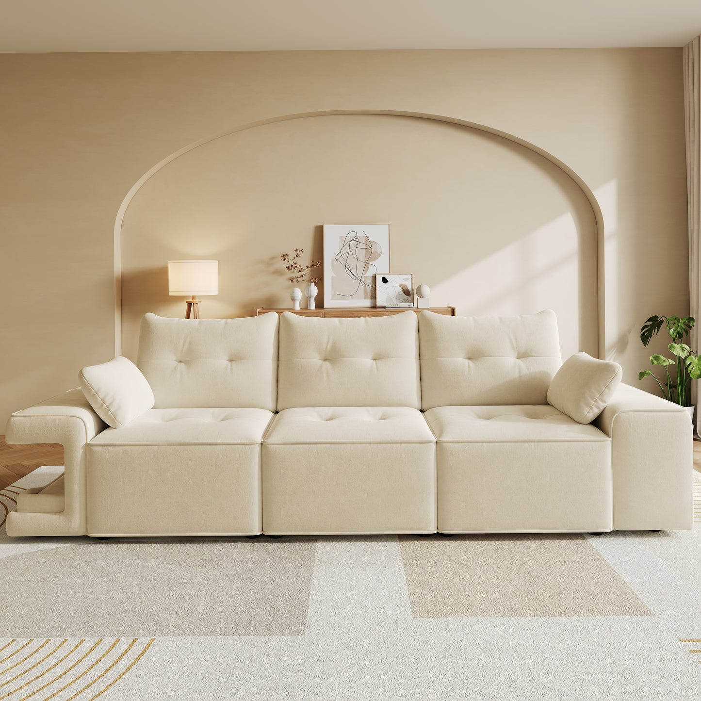 Modern Modular 3-seater Sofa With Wide Armrests, Cloud Sofa, Integrated Storage, Upholstered Pet Area, With Two Cushions - Ideal For Living Rooms And Apartments, Beige