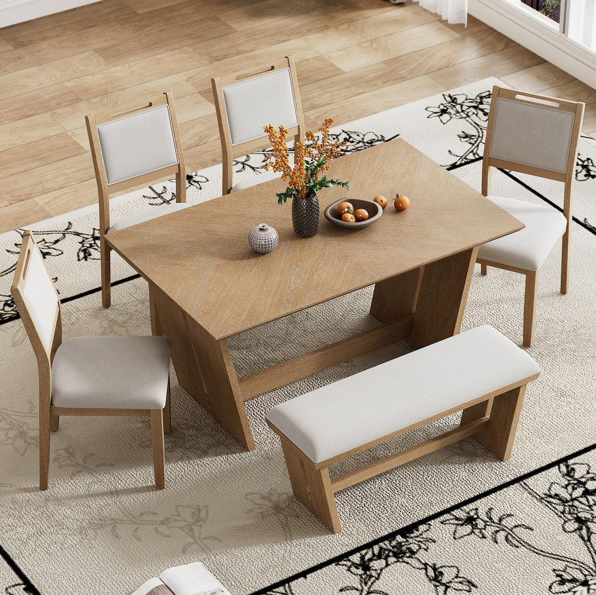 TREXM 6-Piece Retro Dining Table Set For 6 60 Wood Kitchen Table And Chairs Set Of 4 With Bench Designed Trestle Base For Kitchen & Dining Room Natural Wood Wash