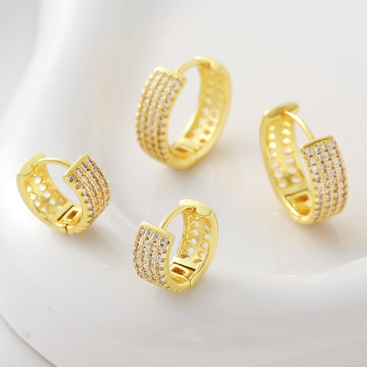 Gold Plated Copper Geometric Wide Hoop Earrings, Four Rows Inlaid Zircon, Minimalist Fashion Luxury Ear Jewelry