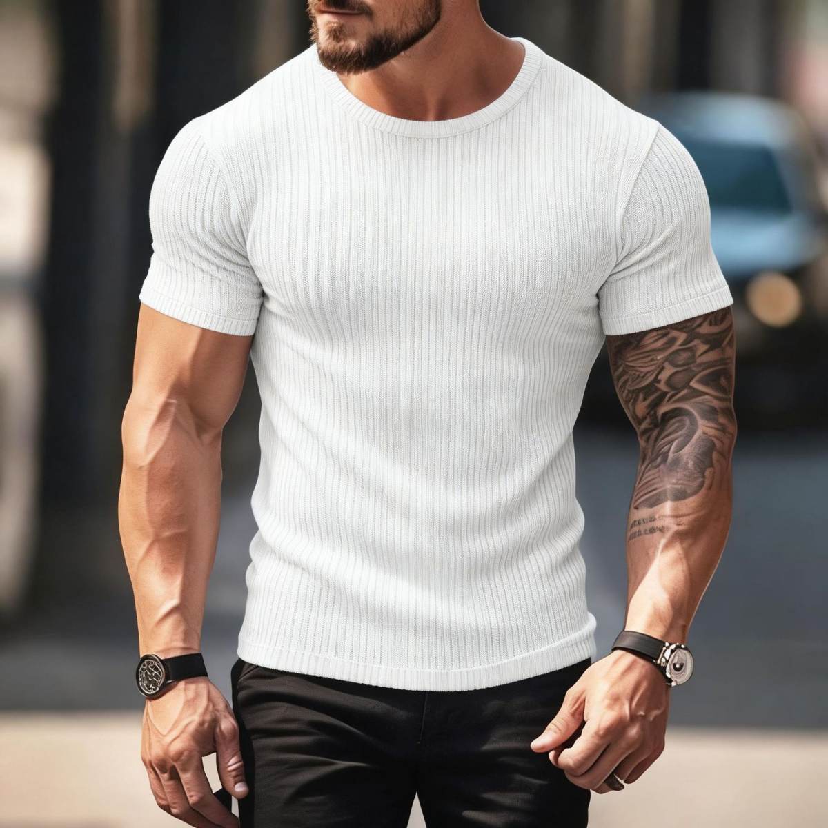 Mens Fitness-Style Casual Crew-Neck Stretch Short-Sleeve T-Shirt