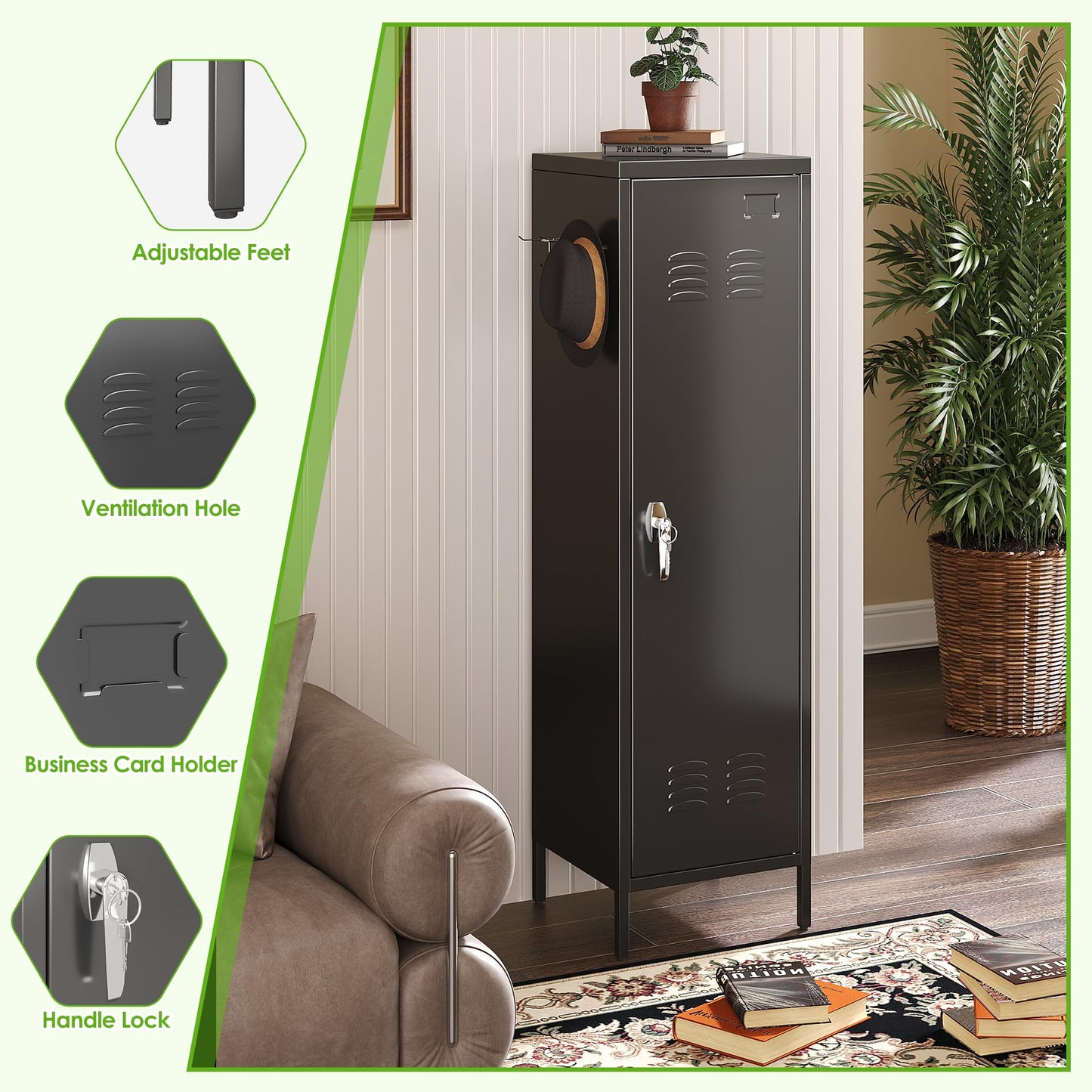 SUPEER 1 Door Metal Storage Lockers With Handle And Hanging Rod,Metal Locker For Employees With Pegboard And Hooks For Home,Office,Gym, School,Assembly Required,Black