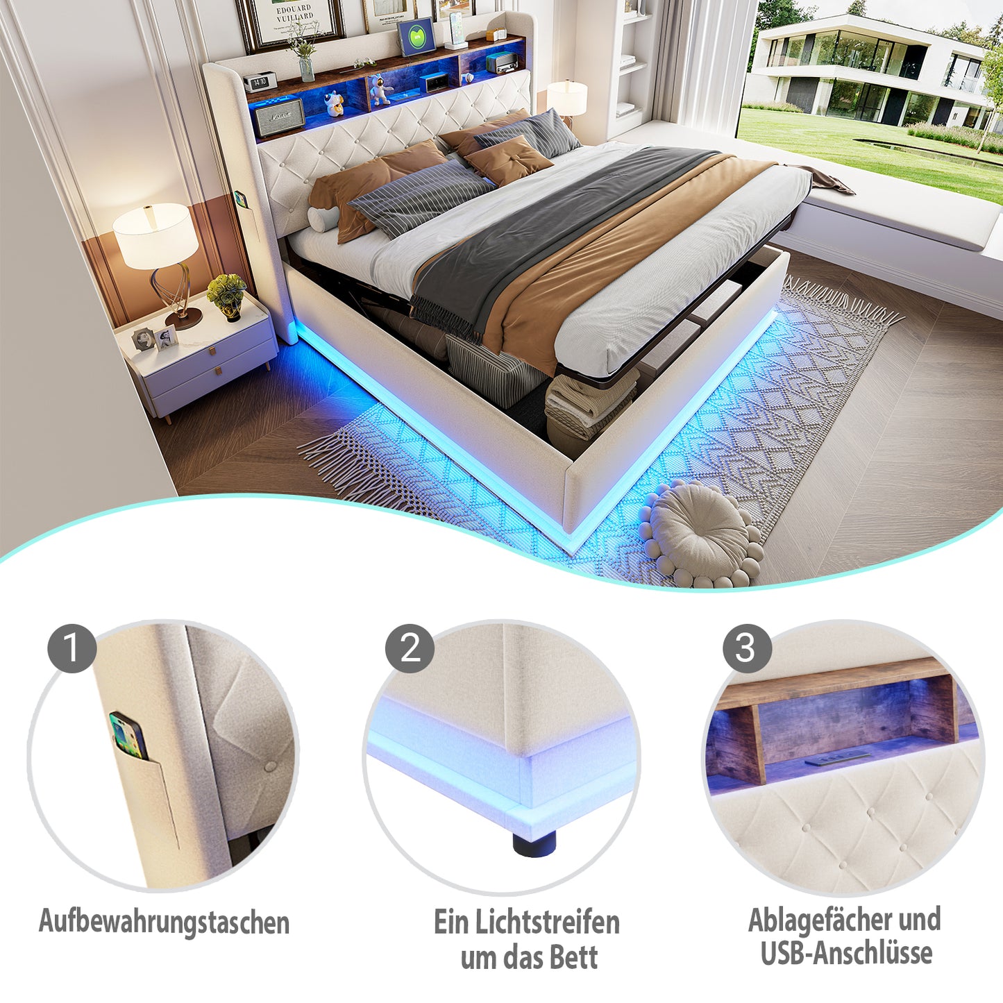 LED Upholstered Bed 180 X 200 Cm, Upholstered Storage Bed With USB Charging Port And Hydraulic Storage, Skin-friendly Linen Fabric, Beige