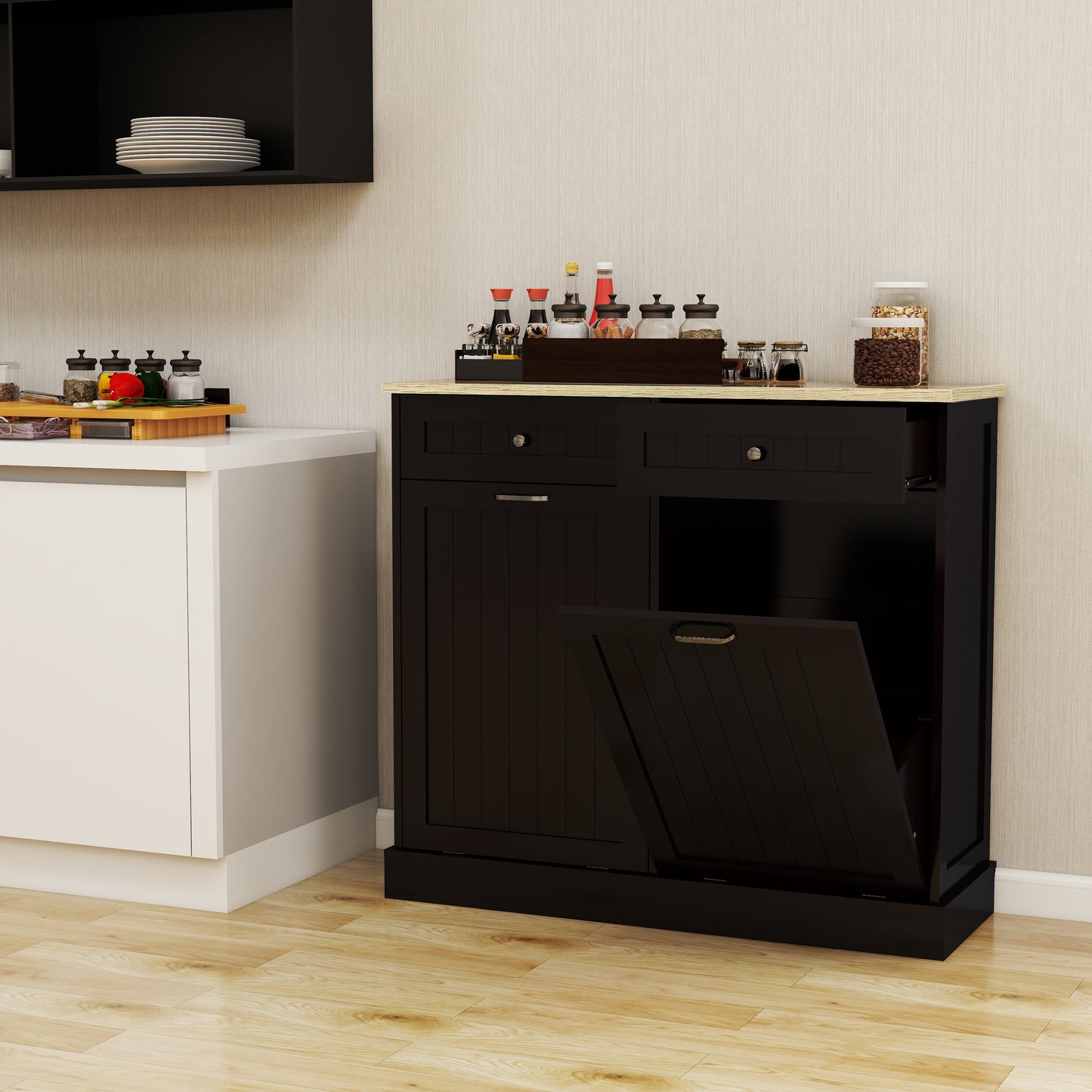 Two Drawers And Two-Compartment Tilt-Out Trash Cabinet Kitchen Trash Cabinet-Black