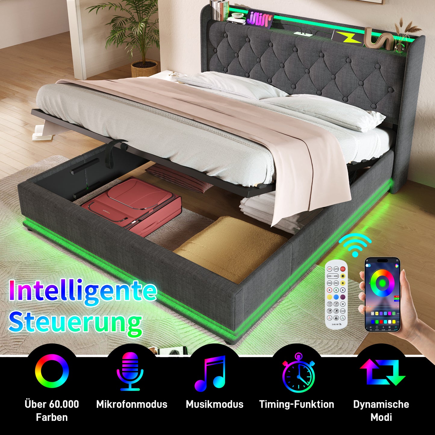 Upholstered Bed Double Bed, 360 Surround LED Function, Push Button App Remote Control, 160x200 Cm, Grey Linen Material Hydraulic Storage Bed, Padded Headboard With USB Type-C Charging Function Without