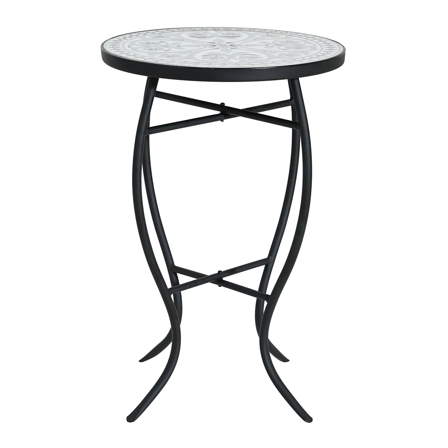 Outdoor Round Side Table With Mosaic-Style Top And Curved Iron Legs, Grey And Matte Black