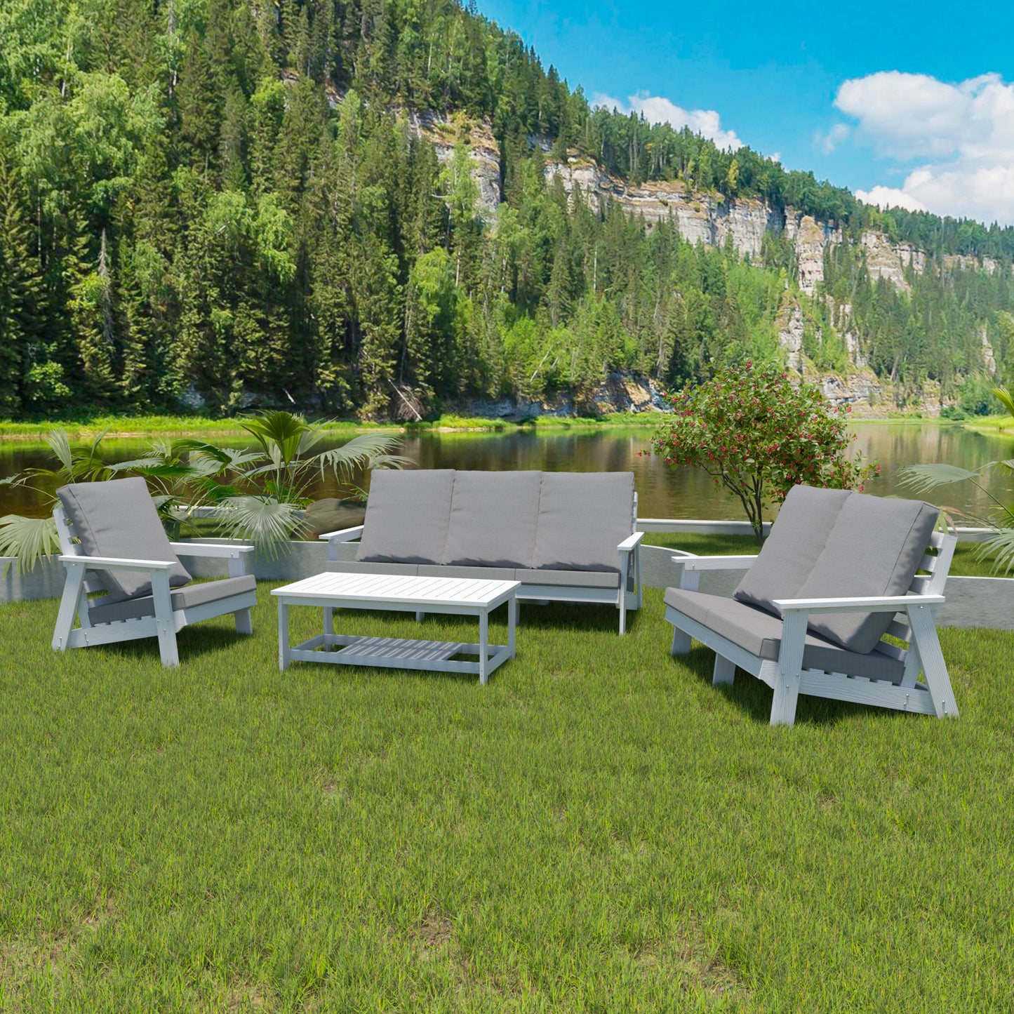 HIPS All-Weather Outdoor Single Sofa With Cushion, White Grey