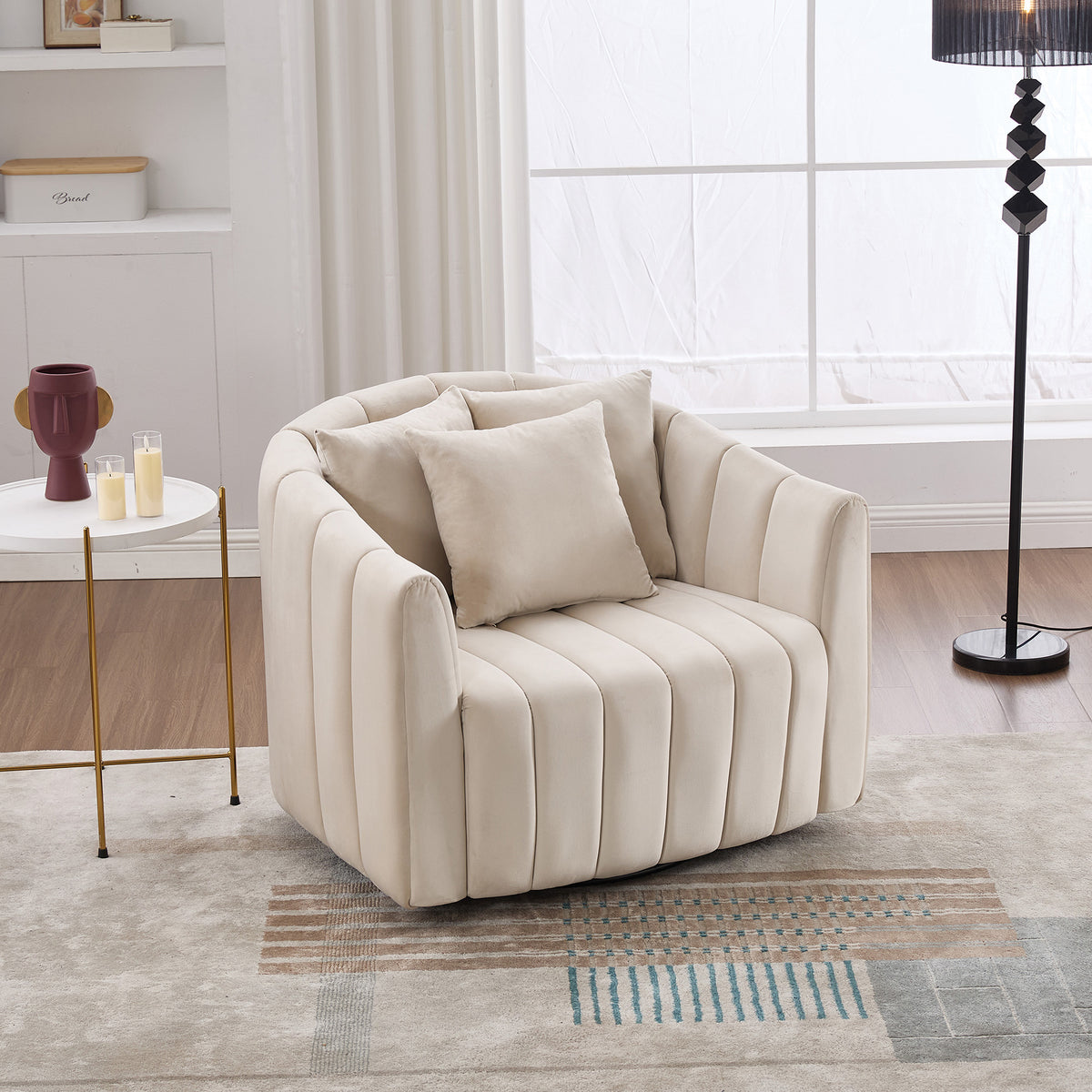 39 W Upholstered Oversized 360 Swivel Accent Barrel Chair And Half Cozy Sofa With 3 Pillows, Channel Tufted Pumpkin-Shape Club Armchair For Living Room, Bedroom, Office, Lounge, Velvet Beige