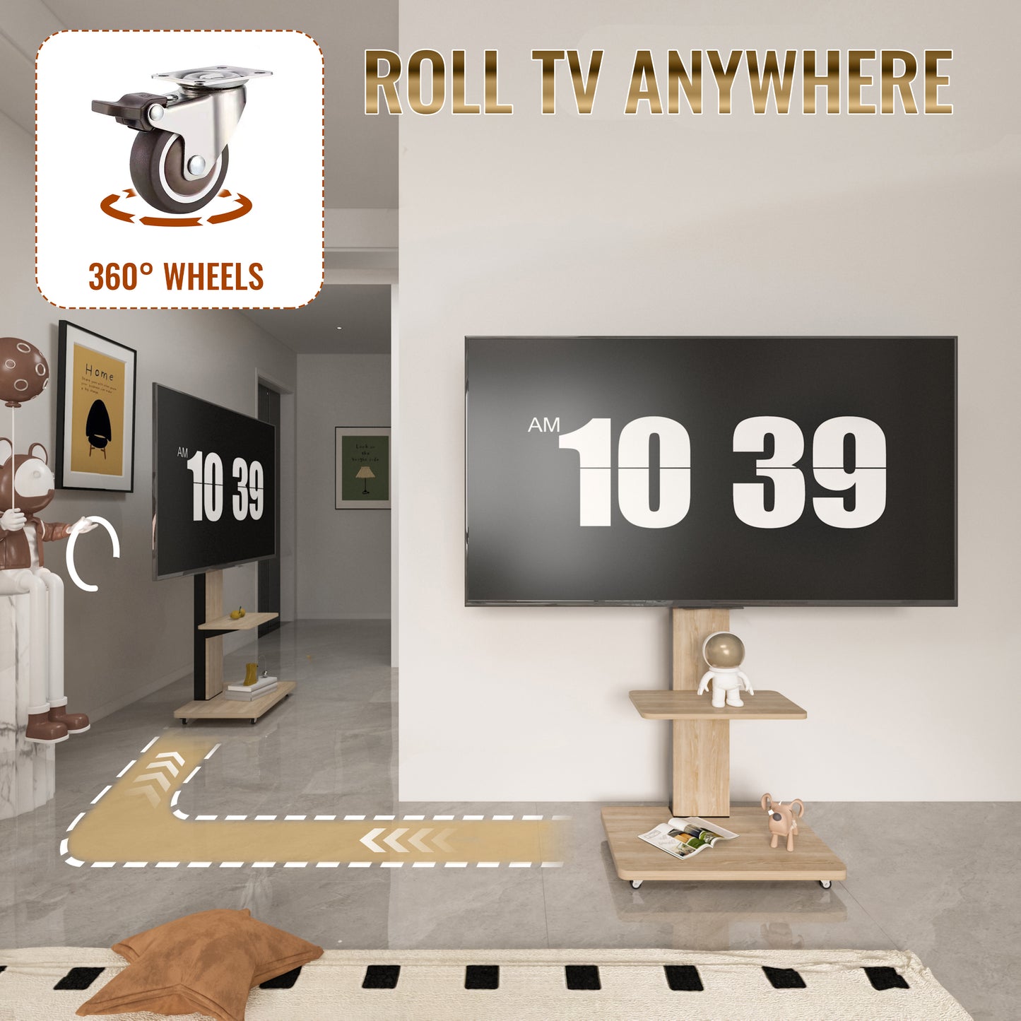 TV Stand With Shelf For Living Room, Bedroom,Offices,Mobile TV Cart For 32-75 Inches,Floor Stand With Mount On Lockable Wheels,Natural