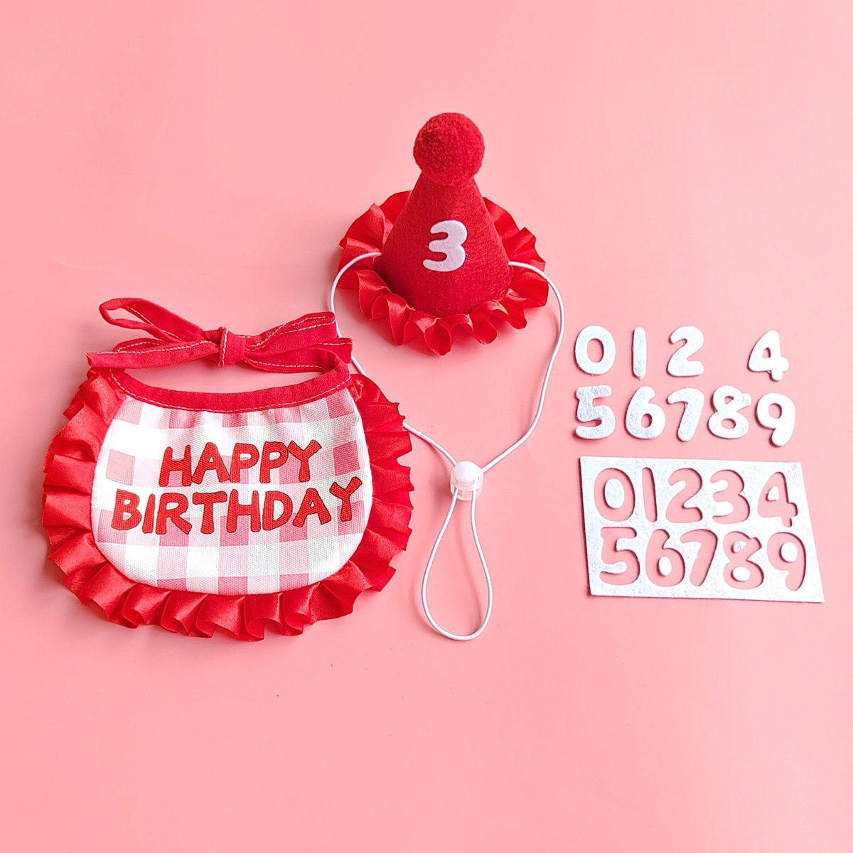 Pet Happy Birthday Hat And Bib Collar Set With Number Stickers For Cats And Small Dogs