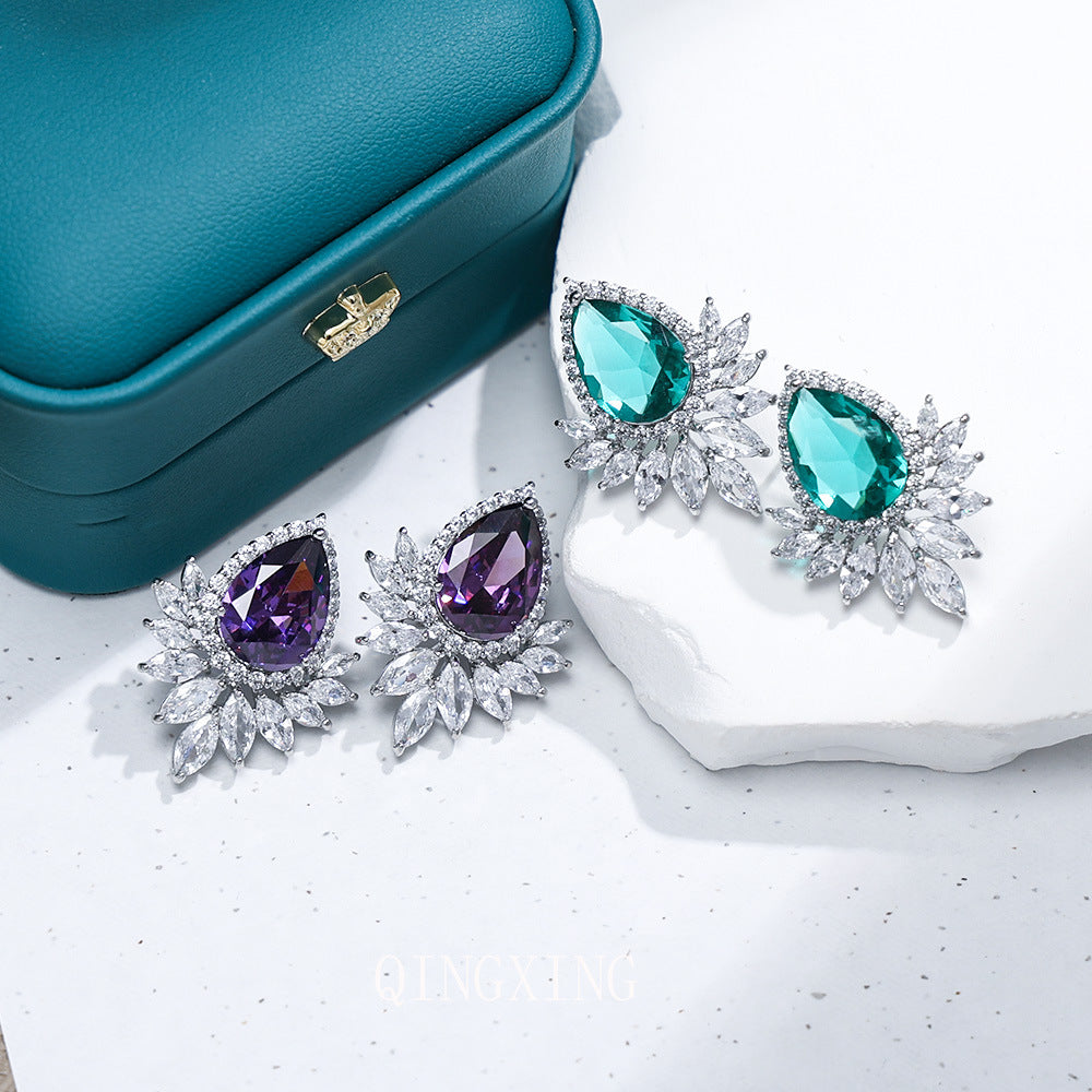 European And American Fashion Luxury Banquet High-End Colorfulful Zircon Sterling Silver Needle Earrings Pendant Goddess Dress Party Jewelry