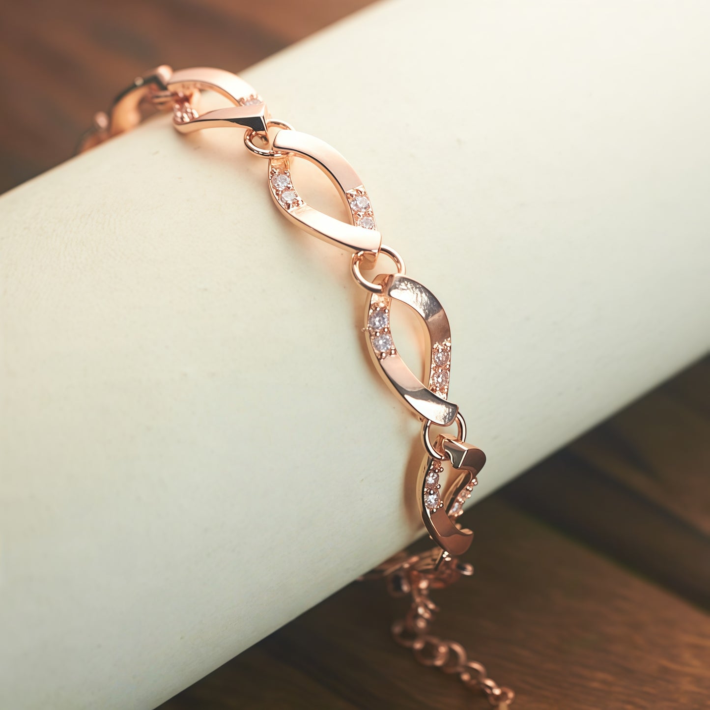 Rose Gold Twisted Oval Link Cubic Zirconia Bracelet For Women, Copper Plated Silver Dainty Adjustable Extension Chain Sparkling Wedding Daily Jewelry Gift