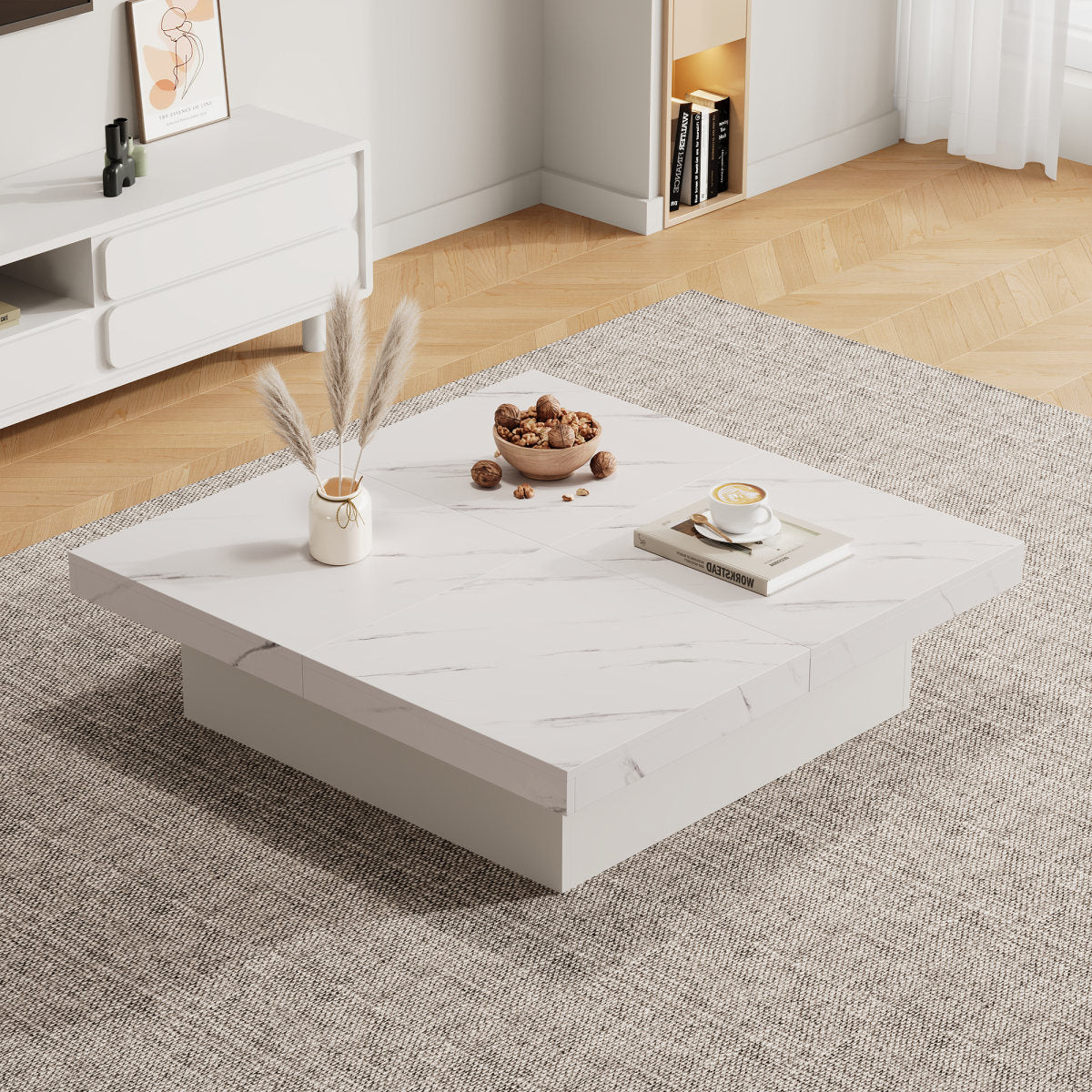 Modern White Square Coffee Table With Marble Effect, 90 X 90 X 25 Cm Four Drawers, Sliding Table Top, Loadable Up To 30 Kg