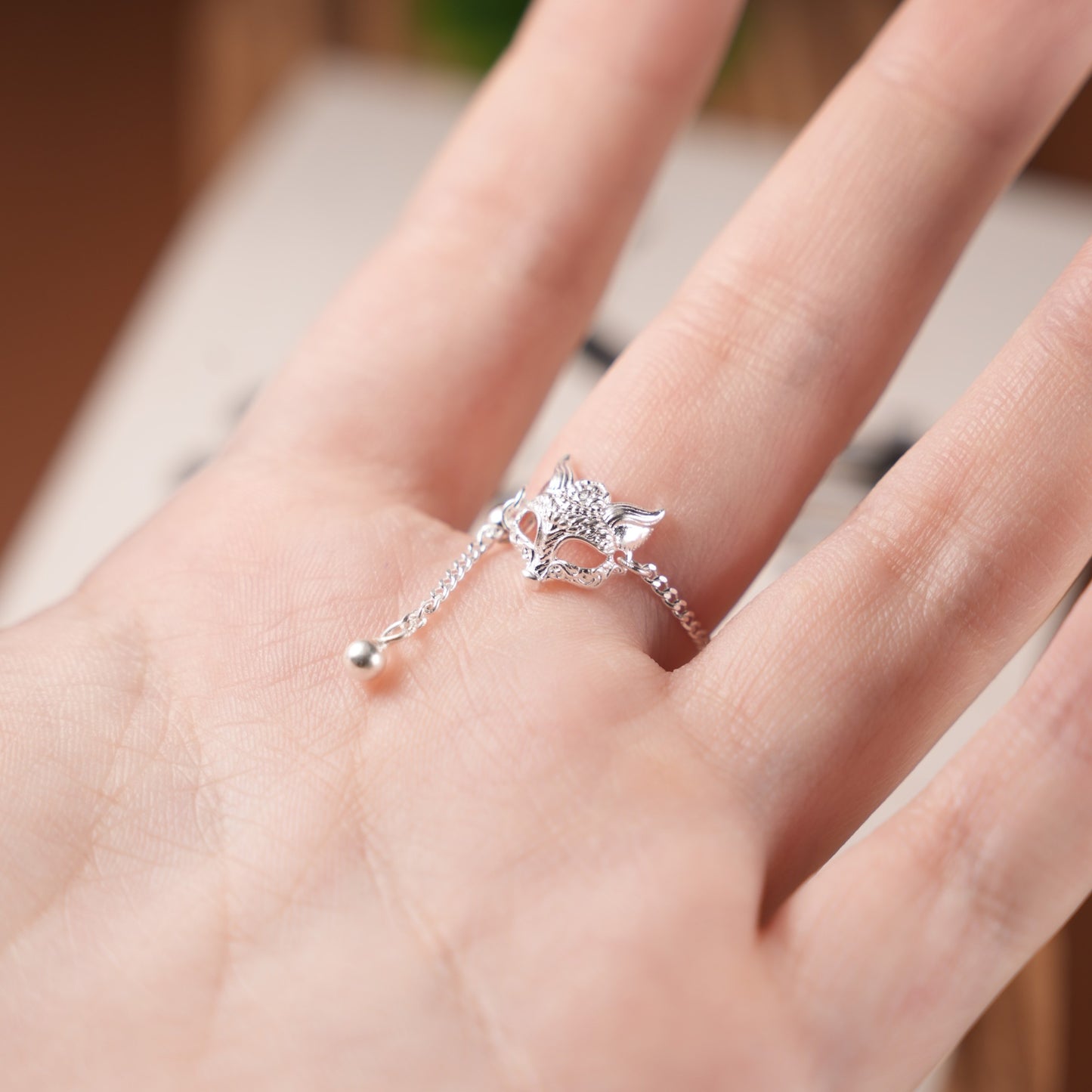 1pc 999 Sterling Silver Fox Mask Adjustable Chain Ring, Retro Chinese Style, Perfect For Daily Wear & Valentine's Day Gift