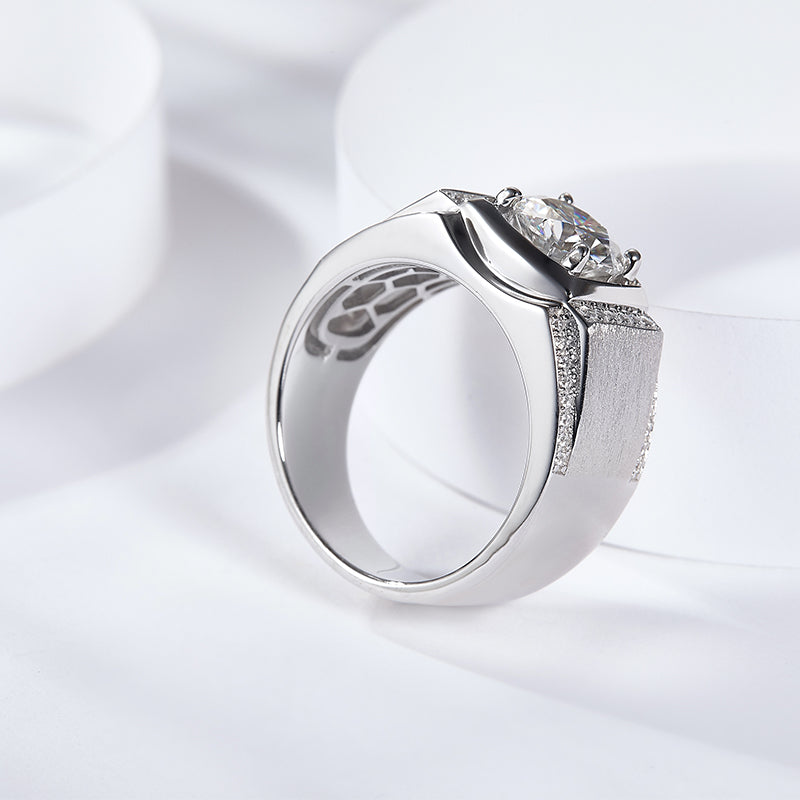 S925 Sterling Silver Men's Wide Band Moissanite Ring, 1&2ct D-VVS1 Brushed Finish With Pave Accents, Platinum Plated US Sizes 5-9, GRA Certificate Gift Box