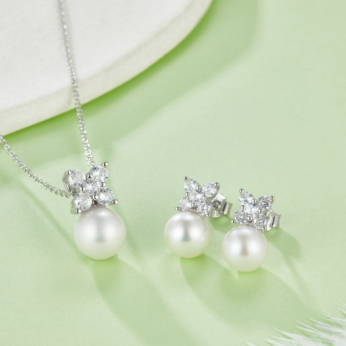S925 Sterling Silver Natural Freshwater Pearl Necklace Earrings Set Butterfly Flower Design Platinum Plated 3.2g Gift Box