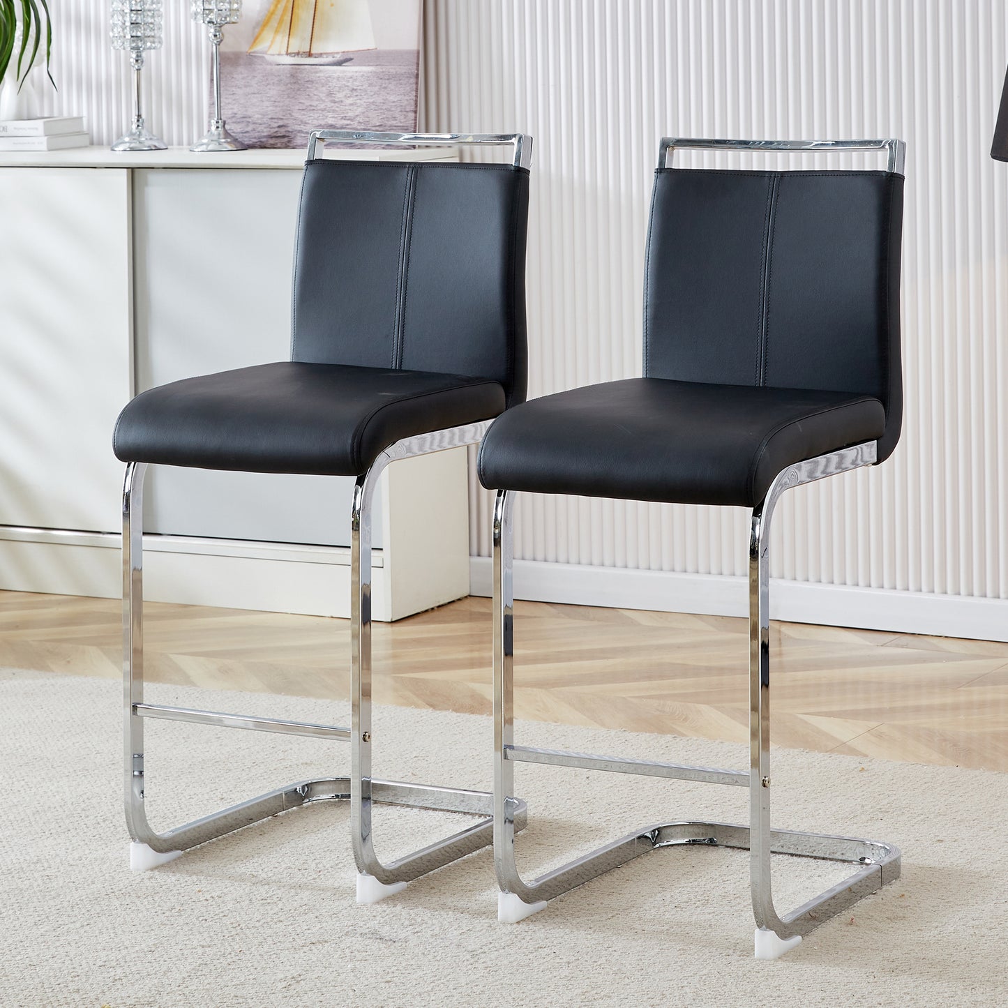 Two High-quality Black Bar Stools In Nordic Style, Suitable For Restaurants, Kitchens, Terraces And Guests Office Chairs Set Of 2 Black PU Suitable For Multiple Occasions.