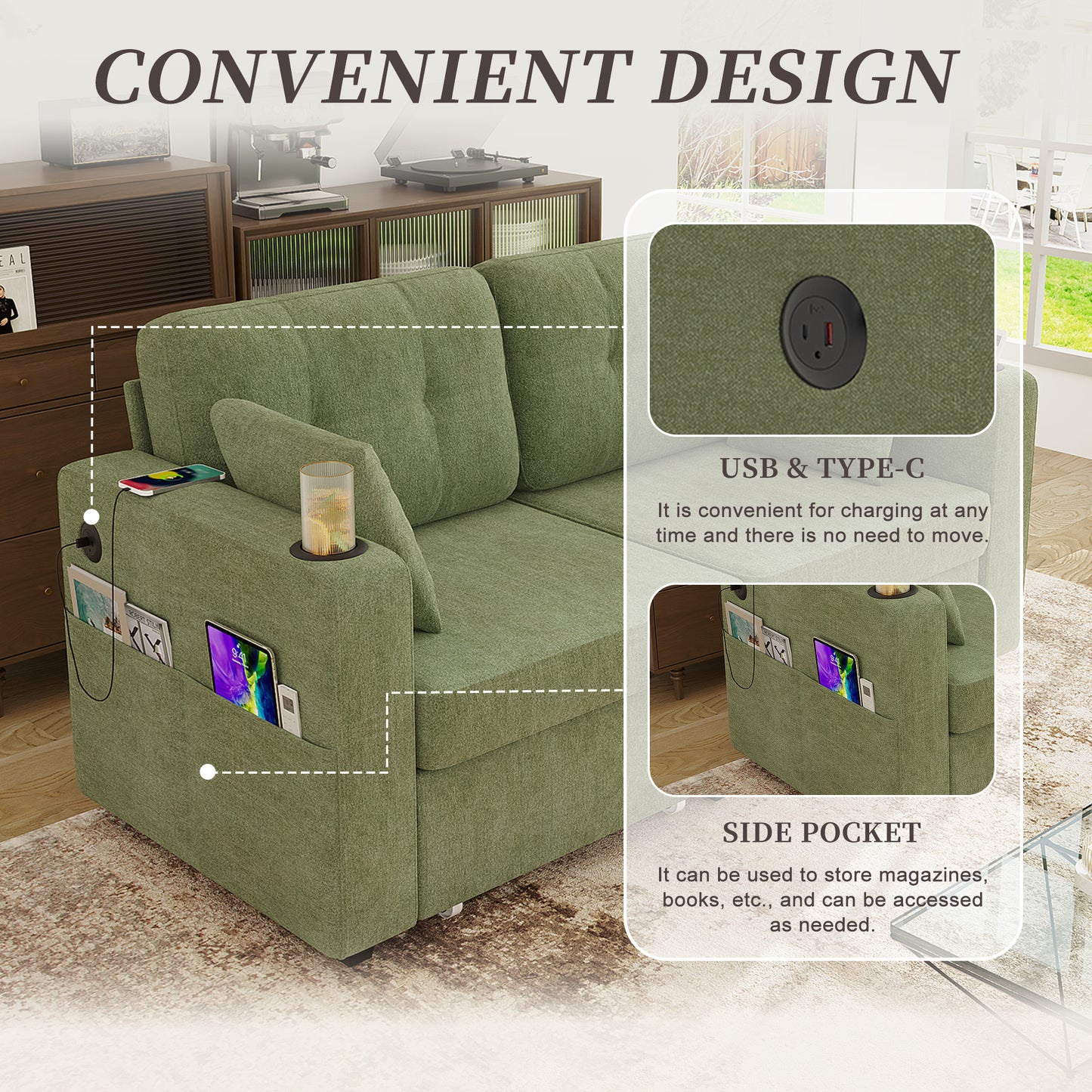 Sofas For Living Room, Couch Set,3 Seats Sofa, USB Charging,Wood Frame,Easy To Install,with Storage, Charging Station,Cup Holder,Modern Sectional Sofas For Living Room, Apartment,Chenille Fabric